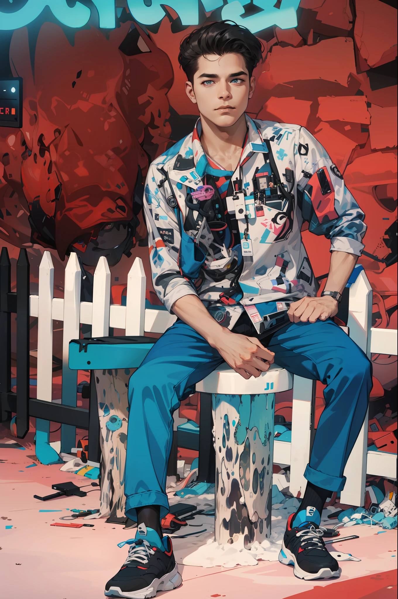 (absurdres, highres, ultra detailed), 1 male, mature, manly, tall muscular, handsome, finely detailed eyes, intricate details, portrait, looking at viewer, solo, half shot, detailed background, detailed face, (1980s synthwave theme:1.1) high-tech futuristic hacker, smirk, advanced technology, hoodie, techwear, wearable device, keycard, cables, (holographic display:1.05), computer, password, control panel in background, blue lights, dark sinister atmosphere, shadows,