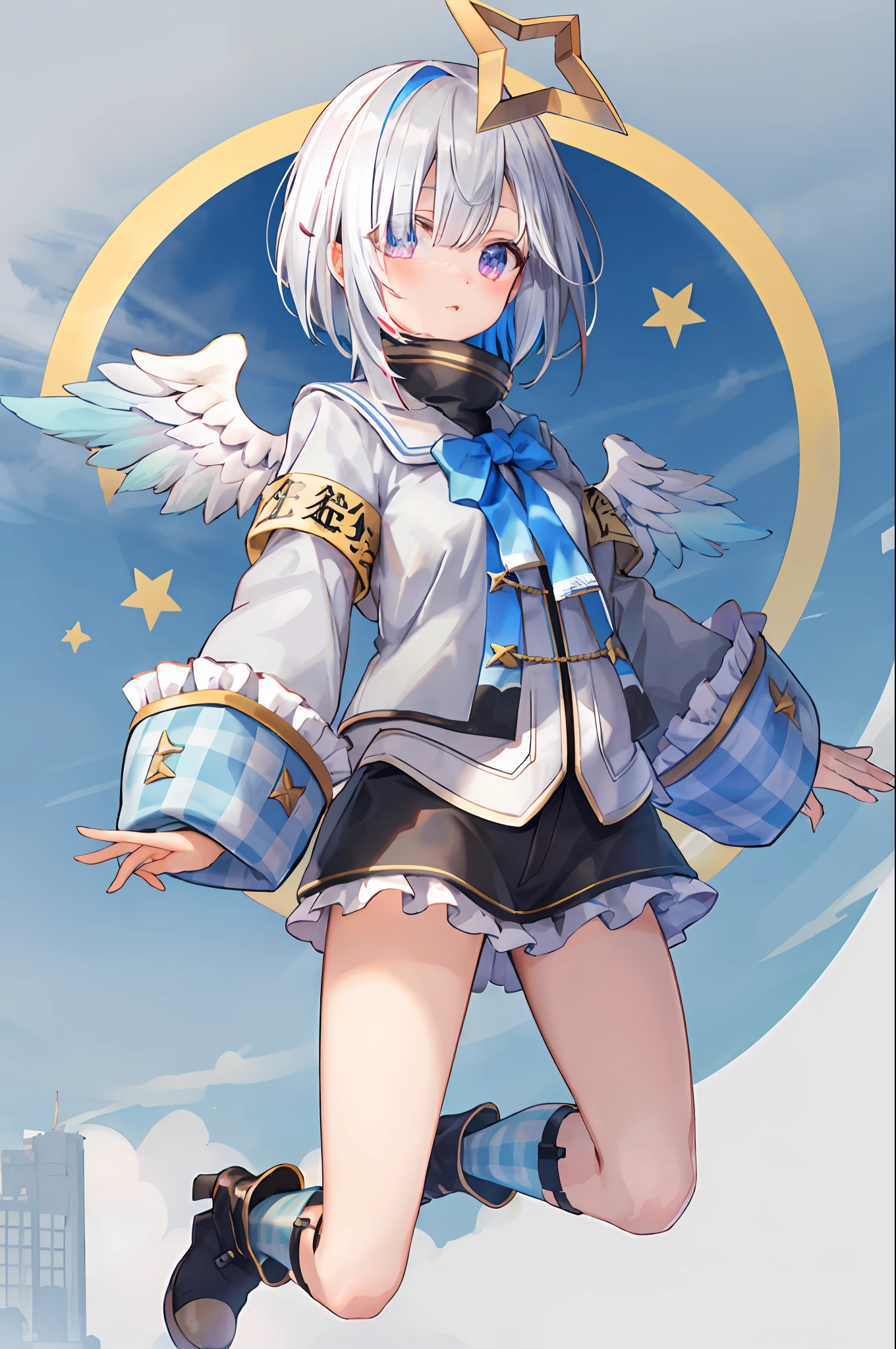 best quality, highres, 1girl, amane kanata, star halo, virtual youtuber, solo, wings, halo, feeled wings, angel, angel wings, multicolored hair, colored inner hair, asymmetrical hair, single hair intake, purple eyes, armband, short hair hair, blue hair, white hair, boots, socks, long sleeves, gray jacket, skirt, bob cut, jacket, striped hair, bangs, frills, black footwear, wide sleeves, white wings, mini wings, black skirt, one hair eyes, frilled skirt, blue socks, sleeves over the wrist, turtleneck dress, short skirt, mini skirt, blue wings, denim lens