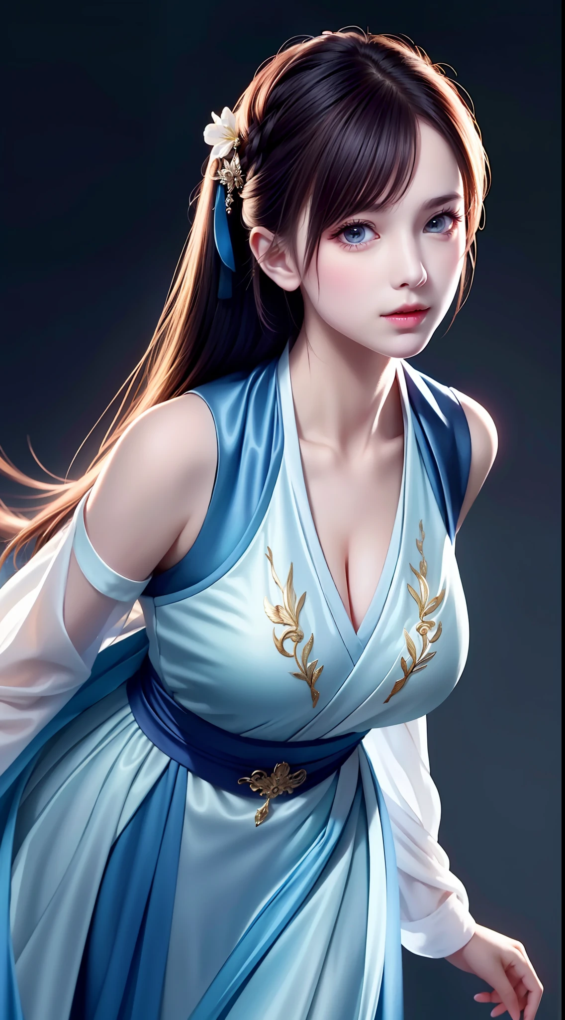 Hanfu, National Style 3.2, Full Body, Walking Posture, Slow Motion, Men Wear Full Body Multi-layered (Heavy Robe: 1.2), (Blue Ice Flower Long Dress: 1.2), Gloves, (Very Detailed, Bloom: 1.5), (Highest Quality, Alessandro Casagrande, Greg Rutkowski, Sally Mann, Concept Art, 4k), (Analog: 1.2), (High Definition), (Detail Pupil: 1.1), (Painting: 1.1), (Digital Painting: 1.1), Detailed Face and Eyes, Masterpiece, Best Quality, (Highly Detailed Photo: 1.1), 8K, Realistic, (Ice Hair Color, Dynamic Hairstyle), (pureerosface_v1:0.1), Jeremy Mann, Sandra Chevrier, Maciej Kuciara, Sharp, (torn body: 1.1), realistic, realistic shadows, (ice background: 1.2), (Michelangelo), ohwx style<lora: (style of ohwx) masterpiece, best quality, (extremely detailed CG unity 8k wallpaper, masterpiece, best quality, ultra-detailed, best shadow), (detailed background), (beautiful detailed face, beautiful detailed eyes), High contrast, (best illumination, an extremely delicate and beautiful), (girl:1.5), ((Not relevant)), ((caustic)), dynamic angle, beautiful detailed glow, (portrait:0.2),dynamic angle, beautiful detailed glow, (portrait:0.2),pigtail,full body,