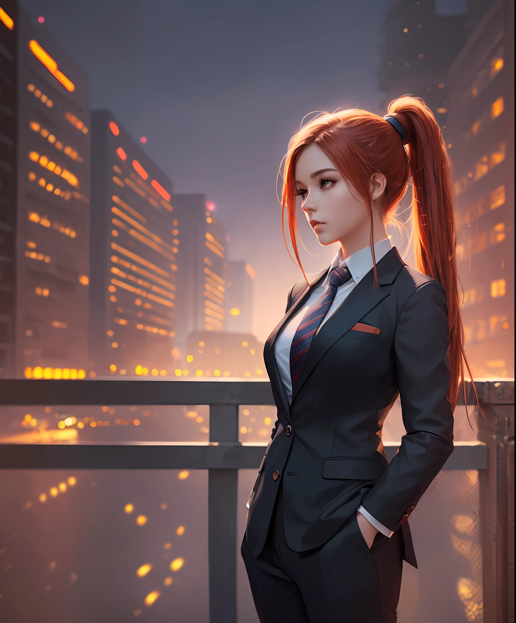 Best quality, masterpiece, ArtStation, Fantasy Art:1.2), autumn dusk, bridge, A beautiful young girl, (long ginger ponytail hair:1.1), (long black blazer suit, tie, trousers), character art, lights background
