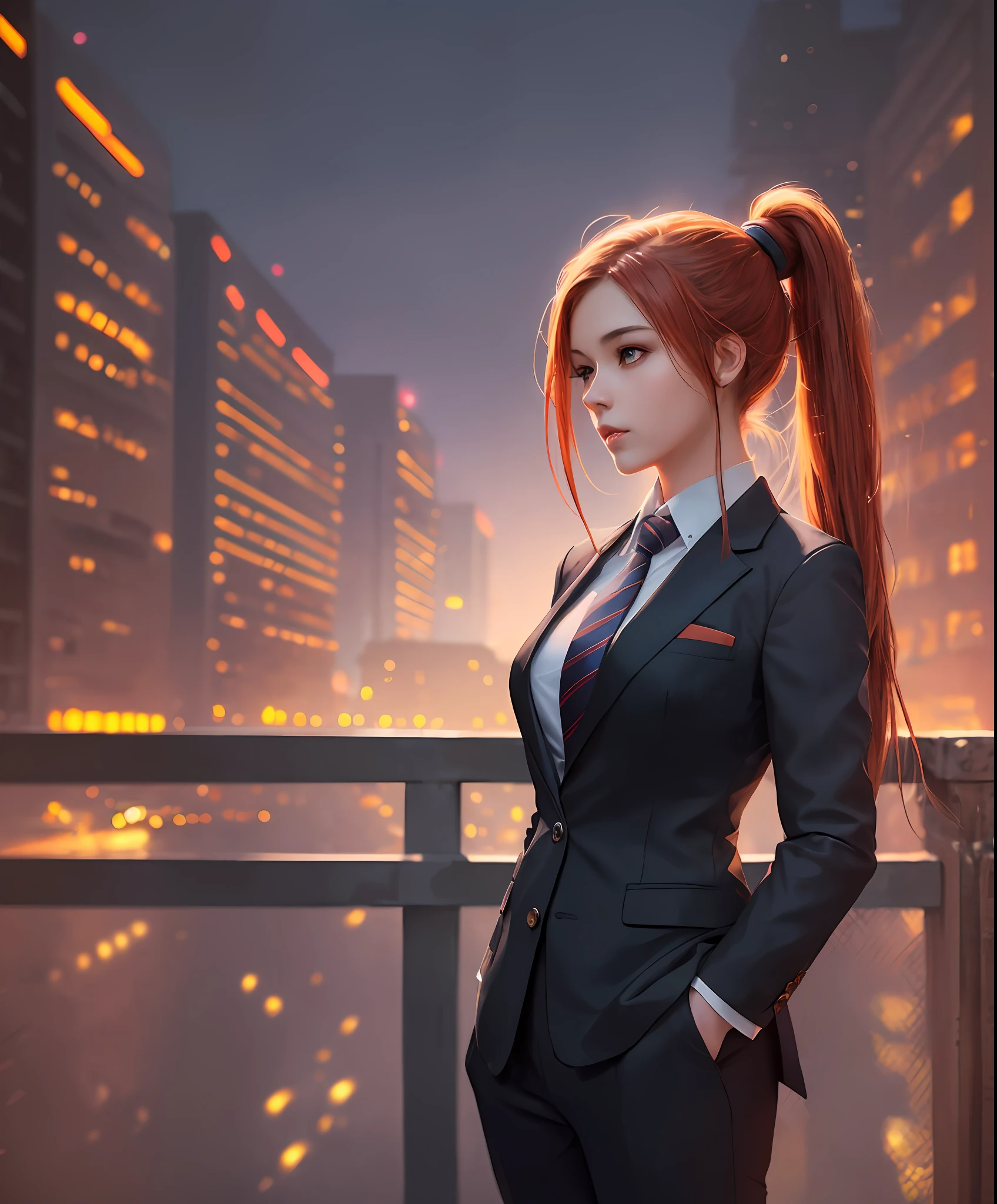 Best quality, masterpiece, ArtStation, Fantasy Art:1.2), autumn dusk, bridge, A beautiful young girl, (long ginger ponytail hair:1.1), (long black blazer suit, tie, trousers), character art, lights background