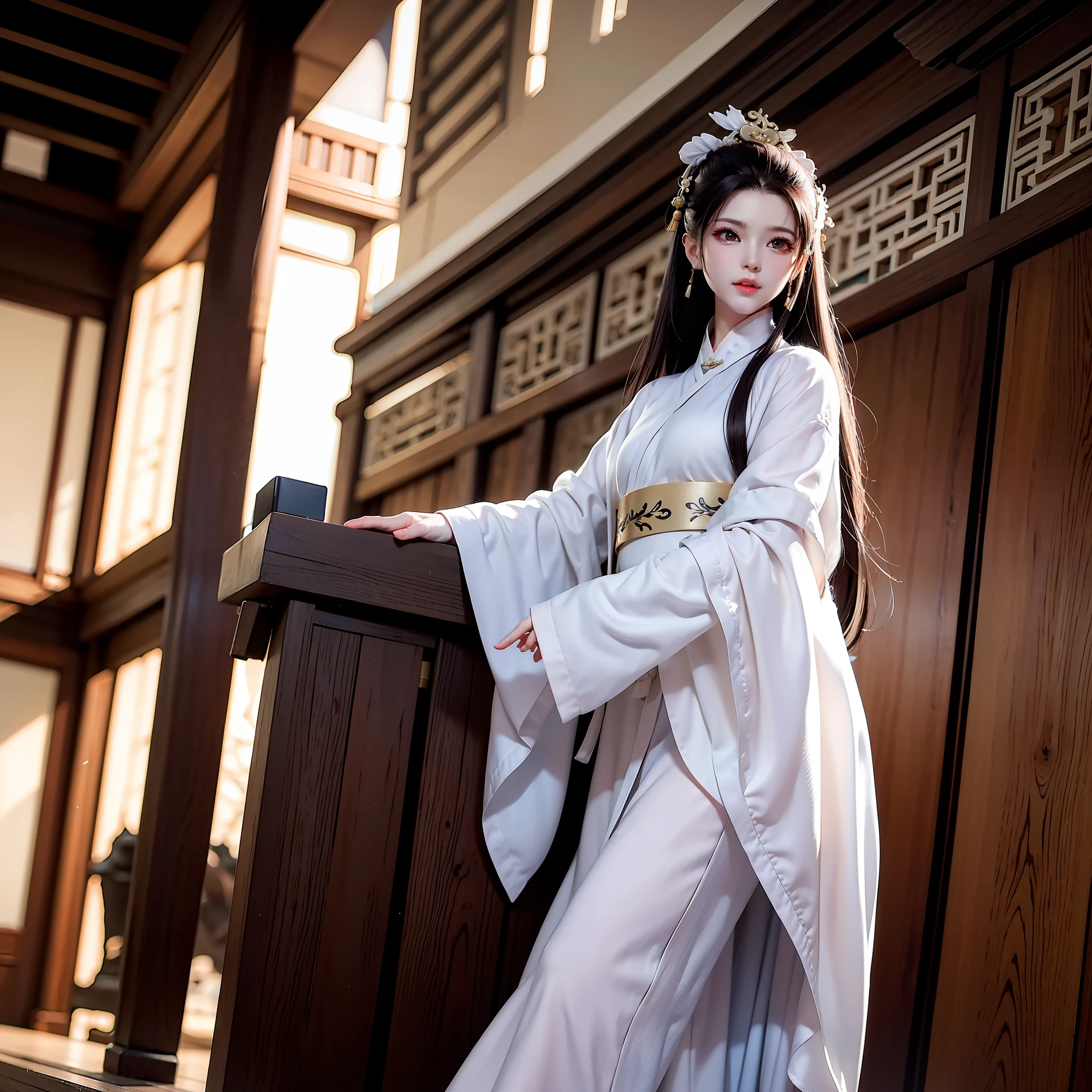 Wuxia,White robe white,long-hair,ancient buildings,remote mountains