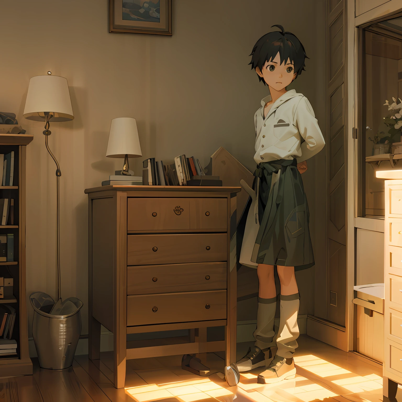 A cartoon boy sits in a bookcase room，With Makoto Shinkai's digital rendering and realistic anime 3D style，Soft lighting and realistic afternoon lighting，in style of makoto shinkai。