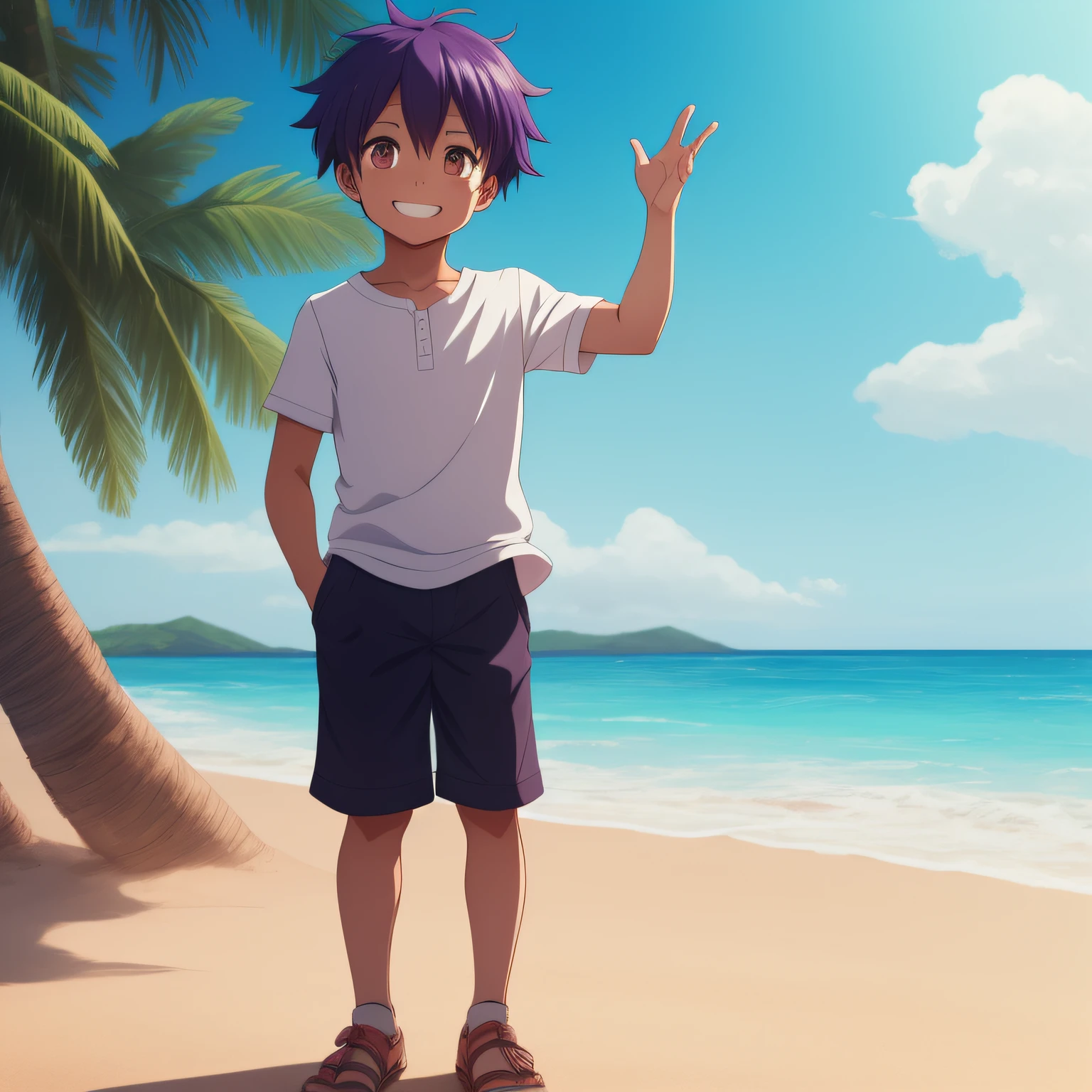 sand floor on the beach in scene, beach background scene, little boy, black skin color, cute face, beautyful character and perfect, anatomically beautiful body, cute eyes, colorful glowing eyes, flame eyes color, simple anatomy, boku no hero style, anime style, dark purple hair, concept art, rendered, adobe photoshop, illustrated, RGB, illustration like a pro, high saturation, high details, childish manga style, strong arms, showing arms biceps raised, Upscaled image size 1920X1980, immaculate image, picture perfect, showing his two arms raised, shirt, short pants, 2D character, high resolution, young boy, happy face, smile cute like emoji, mouth shape like rounded smiling mouth emoji, cute muscles, full body character on screen, soft blush cheeks, Mix demon slayer anime style, 2D professional illustration, Teaser screen, character alone, playing, disney style and detailed ears, clothes and skin all wet with water, hands cute, water floating in the air around splayed in front of the character, winked an eye, happy day, sunny weather on the beach, coconut trees left and right in the scene, high quality, 8k, small signature of the artist below on screen: (Yudoson Art), perfect detailed art, hunterXhunter Mix anime style, digital art,