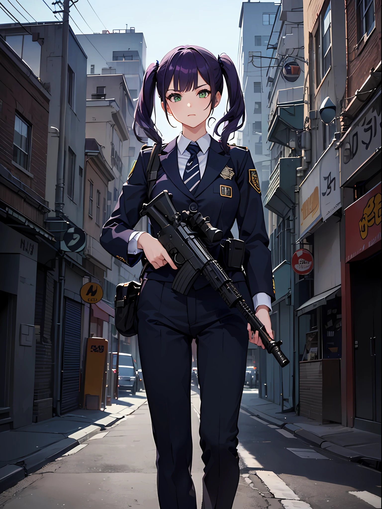 ((masterpiece)), ((best quality)), ((highres)), 1girl, solo, police officer, suit and tie, (matching pants, slacks), city backdrop, (using an assault rifle, m4a1 carbine, detailed rifle, trigger discipline), standing, medium hair, (purple hair, twintails), (green eyes)
