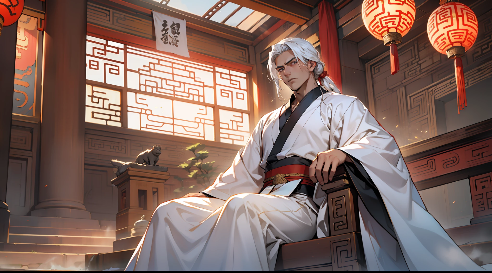 7, (1 person) The boy with white hair, white Hanfu attire, long white hair, exudes a kingly air, looking gorgeous, handsome, and with an outstanding temperament, sits on the sacred throne and inquires, with a calm expression. (Background: Inside the sacred and magnificent ancient Chinese palace hall)