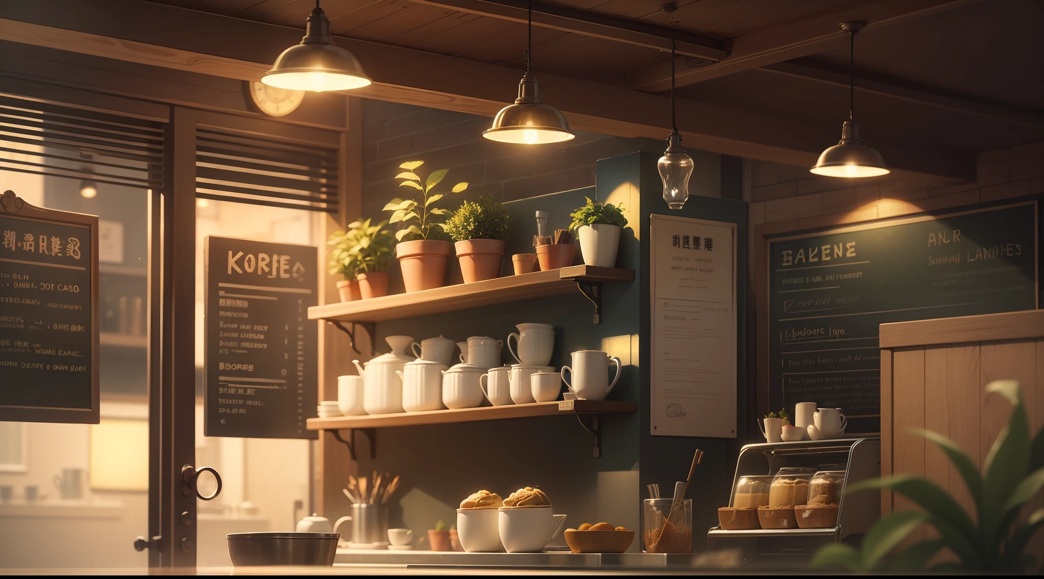 View on the counter Cafe Anime style background Warm lights Background Nobody in the morning There are tables and chairs Some plant decorations Warm yellow lights