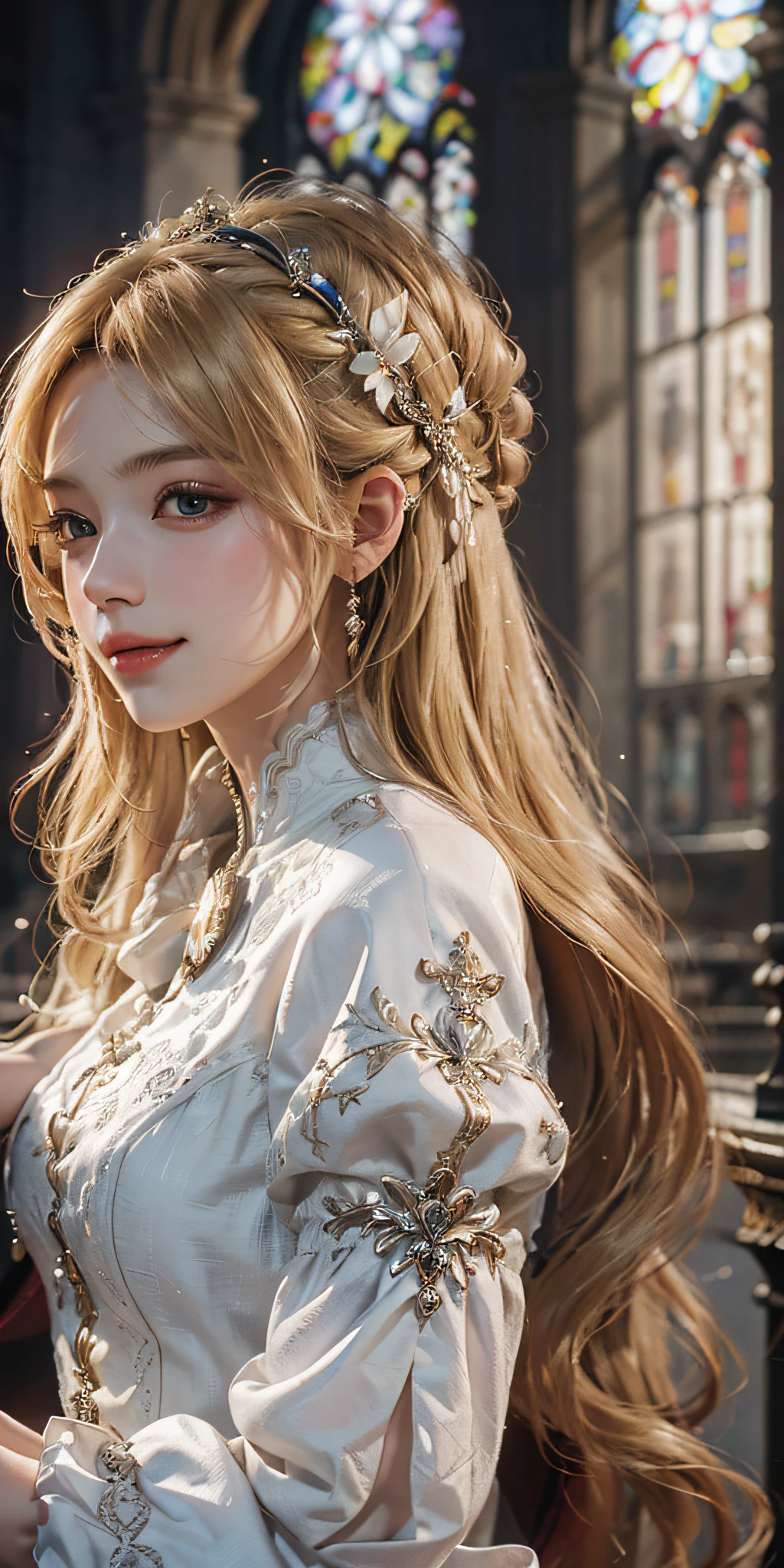 (Absurd, High Resolution, Ultra Detailed), 1woman, Solo, Mature, Portrait, (Long Blonde), Royal, Lady, Baroque, White Dress, Long Sleeves, Elegant, Colorful, Most Detailed, Upper Body, Cathedral, Light Smile, Front, (Shut Up)