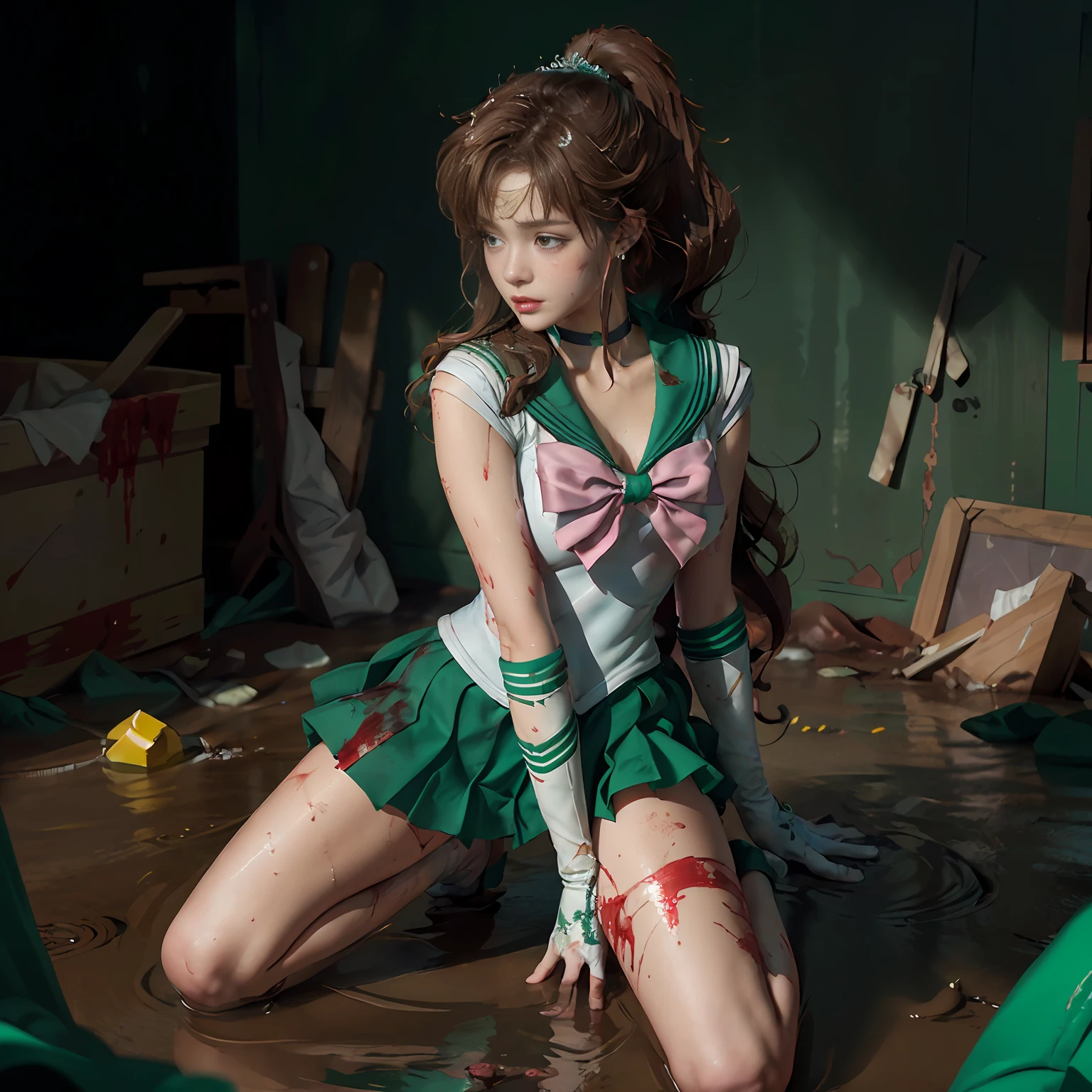 (Masterpiece), (RAW photo, best quality), Ultra High Definition, Professional Artwork, Ultra Detailed, Complex, Detailed Face, Perfect Lighting, (1 Girl, Solo: 1.2), Chest, Gloves, Lips, Solo, (Sailor Moon: 2.1) ((Makoto Kino / Sailor Crystal, Sailor Jupiter), SM Uniform, Tiara, Sailor Senshi Uniform, Absurd, Sexy, SM Jupiter, SM Jupiter Costume, Green Sailor Color, Sailor Senshi Uniform, Ponytail, Choker, White Gloves, Green Choker, Elbow Gloves, Jewelry, Earrings, Brown Hair, Pleated Skirt, Green Skirt, Green Short Boots, Pink Bow, (Perfect Hand): 3.8, (perfect_anatomy:1.2), Octane Rendering, (Crying, Weak and tired eyes, tears: 1.2), (bruises and blood stains on the face and body, blood flowing from the head and face, injuries and injuries to the body, wounds and cuts, bleeding lips: 1.2), (torn clothes, tattered clothes: 1.2), blood stains on clothes, (kneeling weakly: 1.2), (in an abandoned factory), disheveled hair, tired and weak face, (perfect body, perfect, perfect thighs), wet body, sweaty body, ((muddy feet, muddy skin, Bloody skin: 1.2)), (film lighting), soft lighting, complex and cinematic appearance, cinematic lighting, dynamic angles
