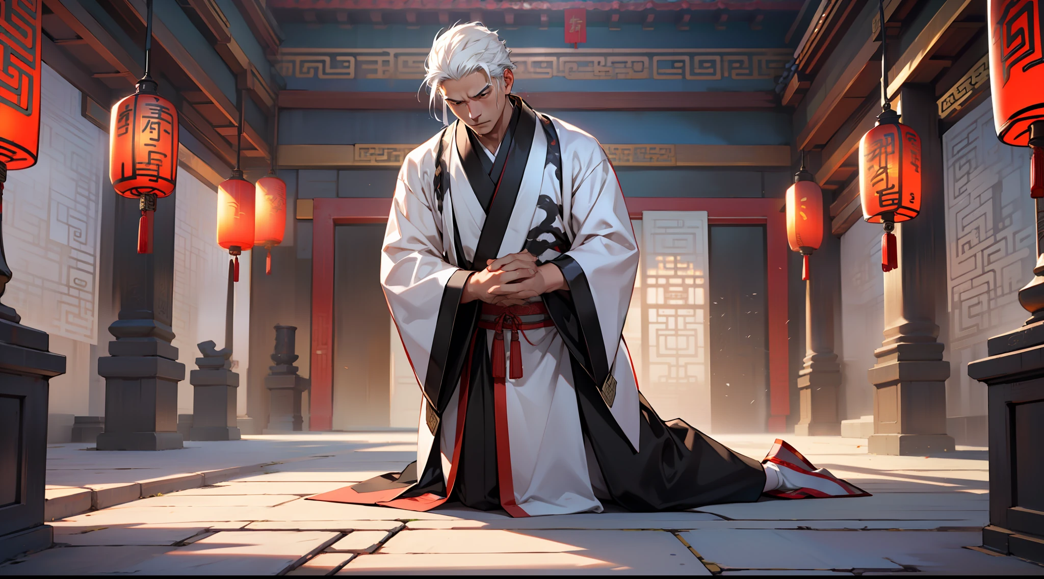 9, (1 person) The middle-aged man in black Hanfu attire, with white hair, middle-aged appearance, black coat, black Hanfu attire, and white hair, handsome, kneels on the ground, calming his emotions. (Background: Inside the sacred and magnificent ancient Chinese palace hall)