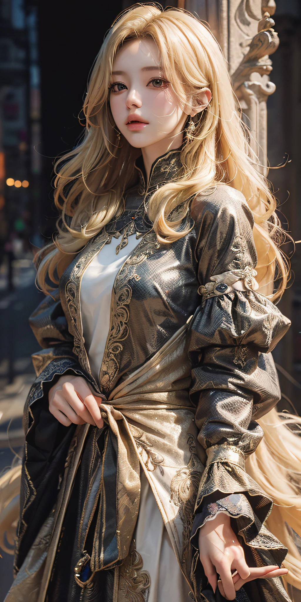 (absurdres, highres, ultra detailed), 1girl, solo, mature, (very long hair, blonde hair), Baroque, long dress, long sleeve, elegant, colorful, highest detailed, upper body