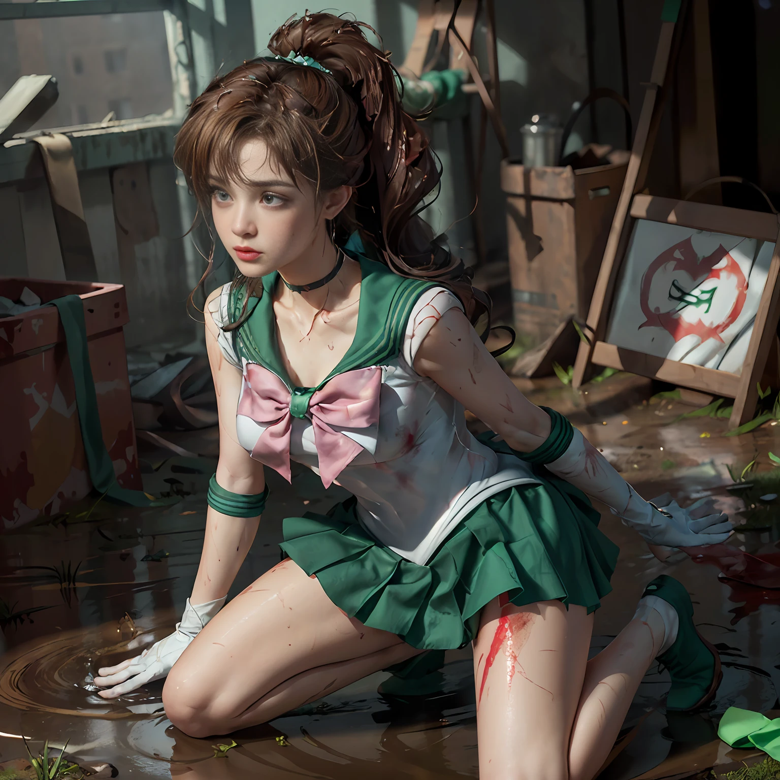 (Masterpiece), (RAW photo, best quality), Ultra High Definition, Professional Artwork, Ultra Detailed, Complex, Detailed Face, Perfect Lighting, (1 Girl, Solo: 1.2), Chest, Gloves, Lips, Solo, (Sailor Moon: 2.1) ((Makoto Kino / Sailor Crystal, Sailor Jupiter), SM Uniform, Tiara, Sailor Senshi Uniform, Absurd, Sexy, SM Jupiter, SM Jupiter Costume, Green Sailor Color, Sailor Senshi Uniform, Ponytail, Choker, White Gloves, Green Choker, Elbow Gloves, Jewelry, Earrings, Brown Hair, Pleated Skirt, Green Skirt, Green Short Boots, Pink Bow, (Perfect Hand): 3.8, (perfect_anatomy:1.2), Octane Rendering, (Crying, Weak and tired eyes, tears: 1.2), (bruises and blood stains on the face and body, blood flowing from the head and face, injuries and injuries to the body, wounds and cuts, bleeding lips: 1.2), (torn clothes, tattered clothes: 1.2), blood stains on clothes, (kneeling weakly: 1.2), (in an abandoned factory), disheveled hair, tired and weak face, (perfect body, perfect, perfect thighs), wet body, sweaty body, ((muddy feet, muddy skin, Bloody skin: 1.2)), (film lighting), soft lighting, complex and cinematic appearance, cinematic lighting, dynamic angles