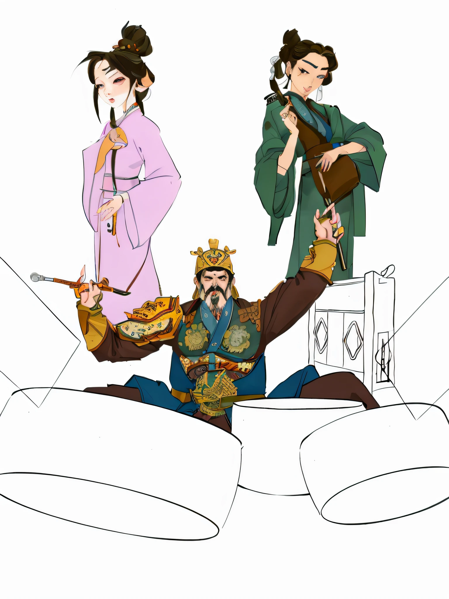 cartoon of a man and woman playing instruments in a room, from three kingdoms, inspired by Tawaraya Sōtatsu, chinese three kingdoms, three kingdom, inspired by Wu Bin, full color illustration, inspired by Huang Ding, fan art, sengoku - era art style, three kingdom, inspired by Ma Shi, production animation cel, inspired by Dong Yuan --auto