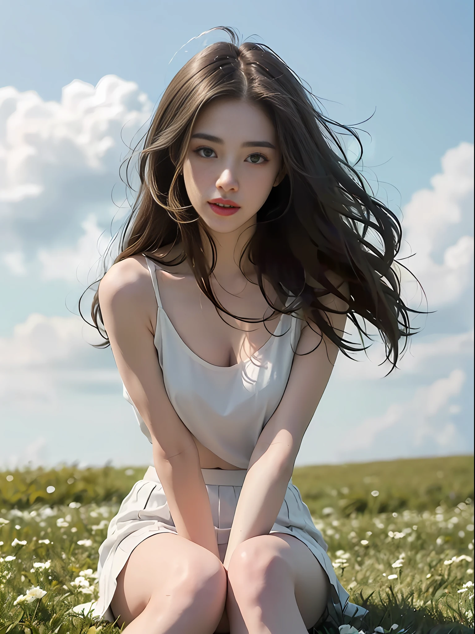 best qality,Jeizuo,super high resolution,(fidelity:1.4),Blue sky and white clouds,A sea of green grass and flowers,Original photo,24-year-old sexy model,Delicate the face,Slim figure,Long hair fluttering in the wind,White transparent skirt,Messy tops,Half-exposed chest,The shoulder straps slip off,Sexy legs,A skirt that flutters in the wind,Sit on the grass,Warm colors,Dark tones,A bottom-up perspective,incredibly detailed,Super detailed