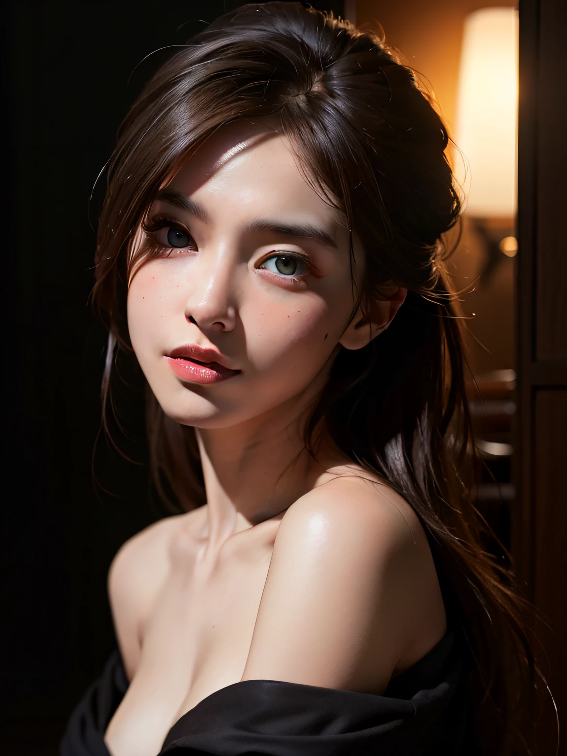 Best quality, masterpiece, ultra high res, (photorealistic:1.4), raw photo, 1girl, offshoulder, in the dark, deep shadow, low key, cold light