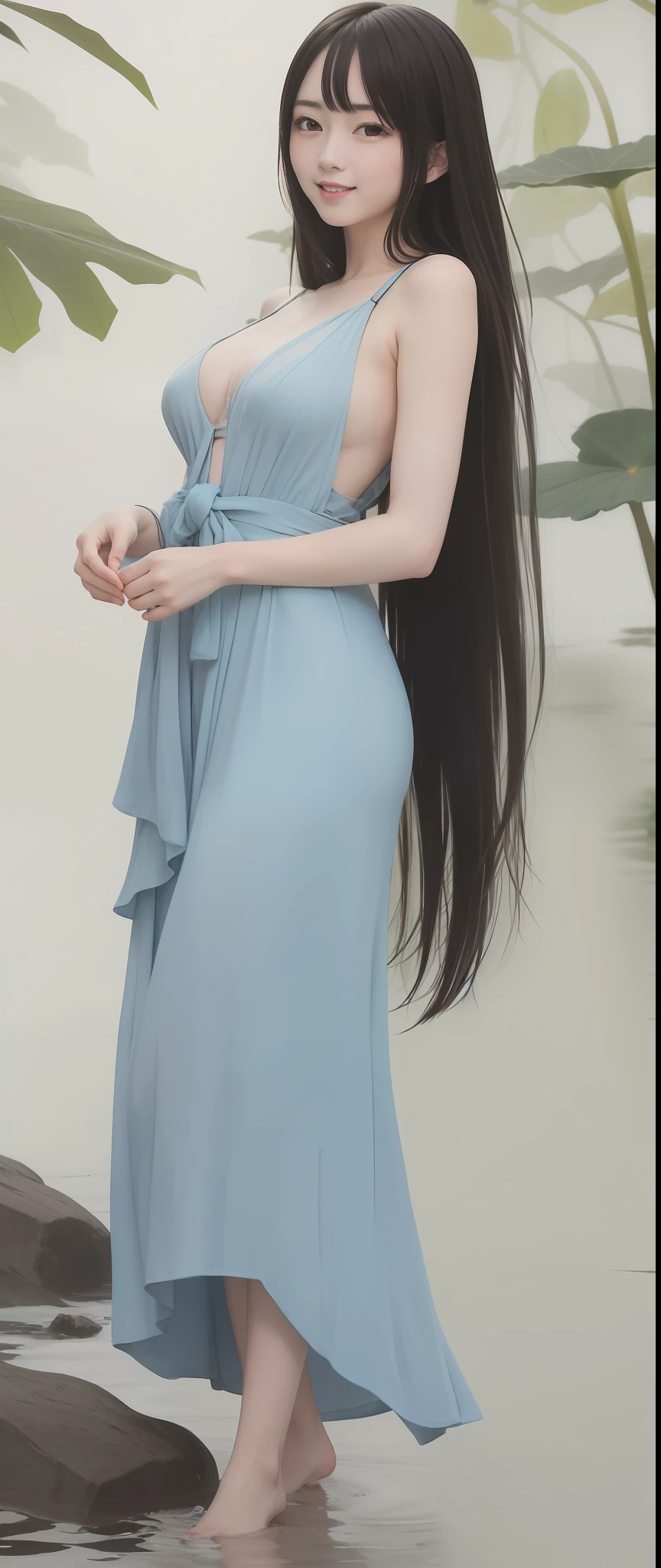 ((4k,masterpiece,bestquality)), Shuimobisim, Traditional Chinese ink painting, lotus, Hanfu, Maxiskit, Dress conservatively 1girl, solo, long blue hair, smile, standing, feet in the water, barefoot, Naked, breasts, bottom, nudity,