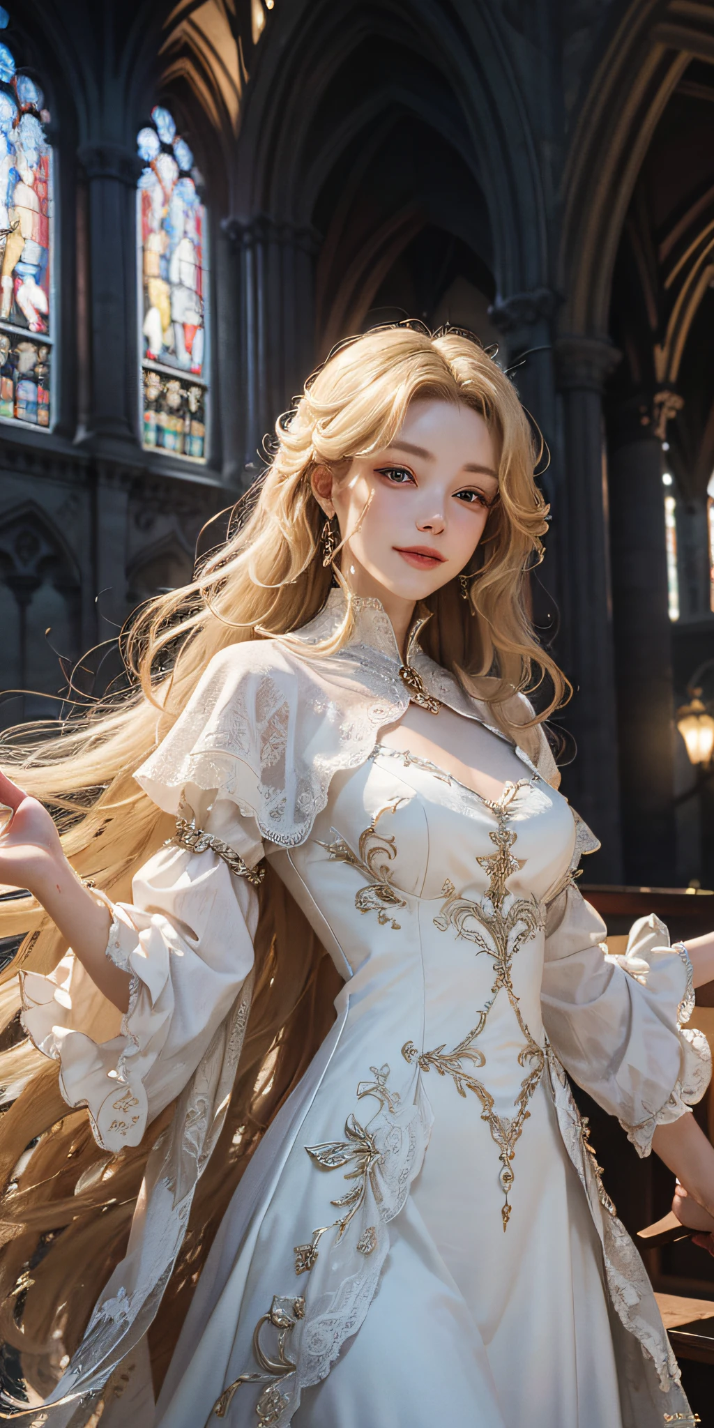 (absurdres, highres, ultra detailed), 1woman, solo, mature, aged up, (long blonde hair), royal, noblewoman, Baroque, white dress, long sleeve, elegant, colorful, highest detailed, upper body, cathedral, light smile, frontal, (closed mouth)