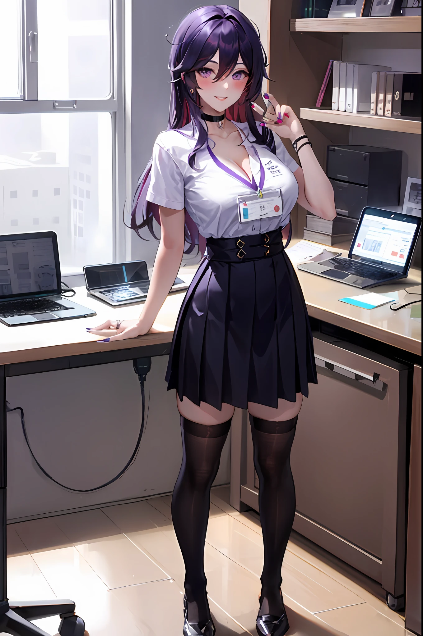 Rosaria, genshin impact, 1girl, solo, ((white shirt)), black thighhighs, breasts, cleavage, uniform, office background, black skirt, pleated skirt, office, hair between eyes, messy hair, large breasts, looking at viewer, choker, pierce, ear piercing, lip piercing, purple short nails, purple eyes, solo, thighhighs, thighs, very long hair, ((masterpiece)), standing, chair, desk, computer on desk, name tag, id tag, indoor, blush, smile, show teeth, sexy pose,