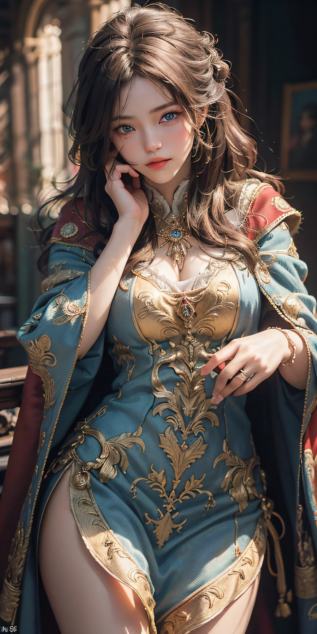 (masterpiece: 1.2, best quality), realistic, (real picture, complex details, depth of field), best quality, masterpiece, high detail, semi-realistic, 1 girl, adult woman, 21 years old, with short golden hair, eyes covered with hair on the left, blue eyes, royal clothes, red cloak, slim figure