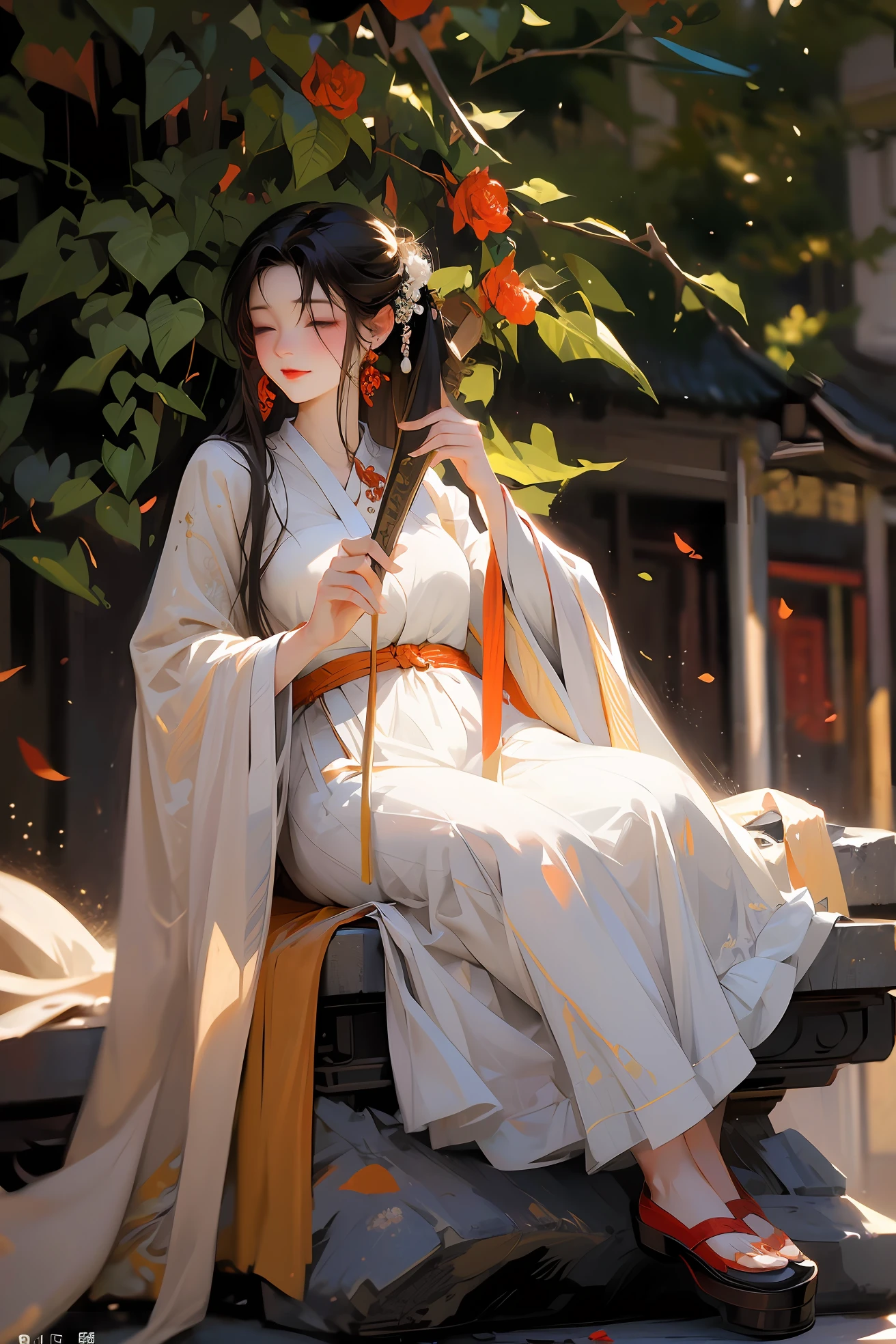 Masterpiece, high-quality, Best quality, 1girle, close one’s eyes, sitting on stone, china dress, Hanfu, (playing the pipa), Flowers, Black background, Beautiful hands, Sharp focus
