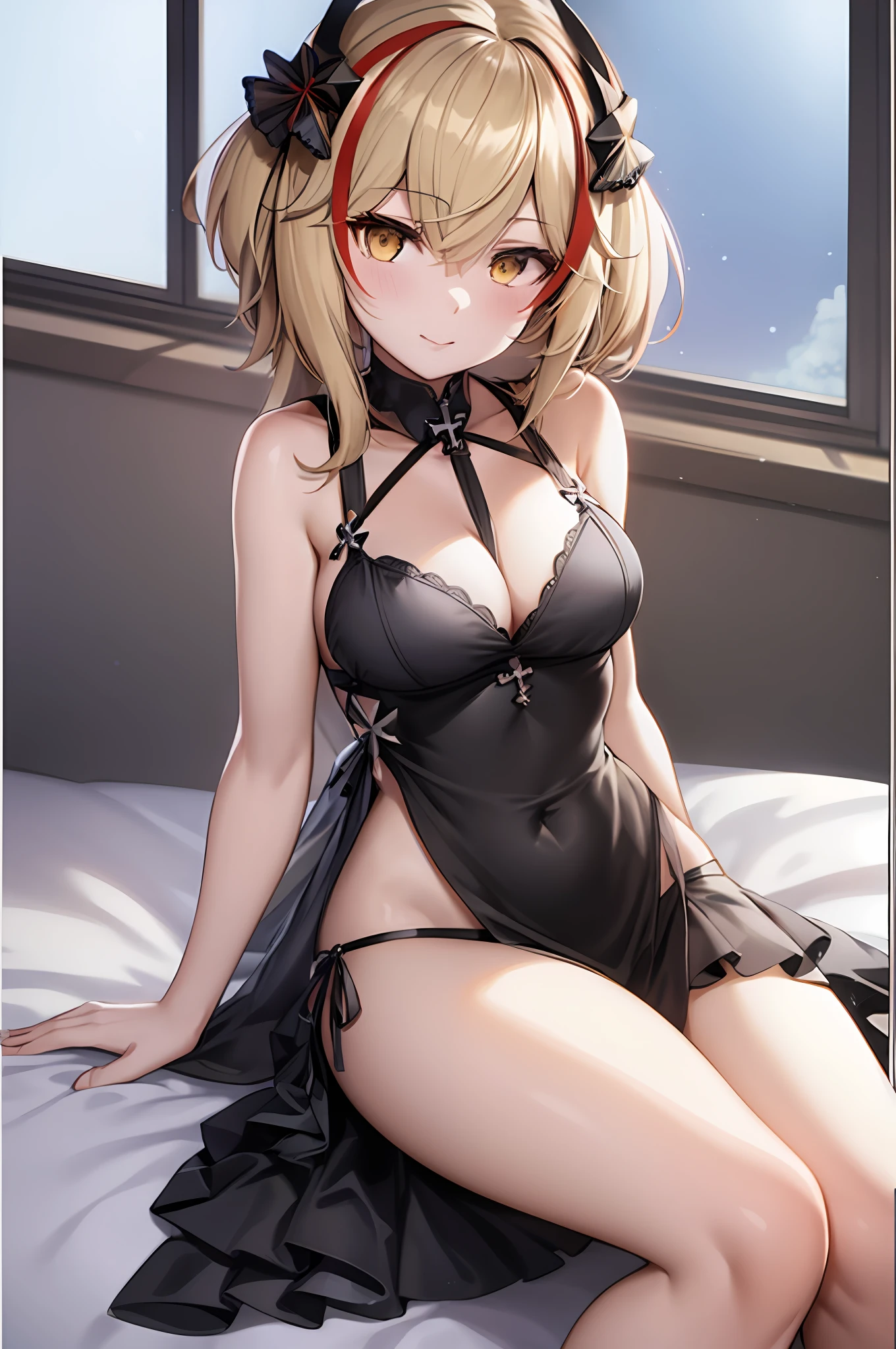 anime girl in lingerie sitting on bed with open window, from girls frontline, seductive anime girl, fine details. girls frontline, anime goddess, small curvy loli, from the azur lane videogame, azur lane style, girls frontline universe, girls frontline style, loli in dress, blonde anime girl with long hair, trending on artstation pixiv