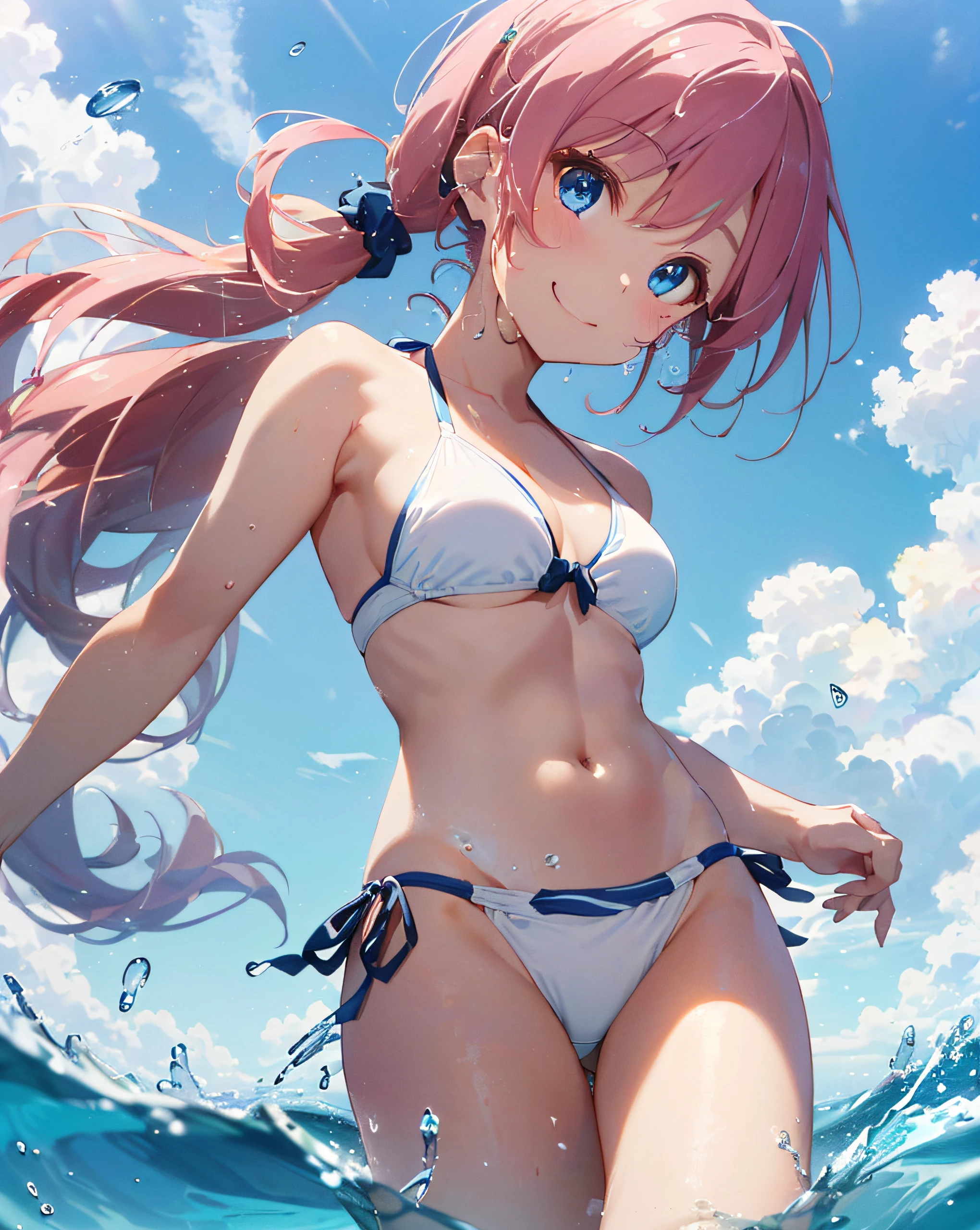 ((Master Masterpiece))、((sthe highest qualit)、(Super Detail)、8K、Delicate depictions are filmed in anime style。
(Very long hair、Pink hair and bright blue eyes、)(twintails)Her blue eyes are highlighted。
The overall tone is brighter、She's smiling。Quiet waves
((She wears a white bikini and wears a paleo。))、((Summer coast))、((The light reflected in the drops is fantastic..))、beach、((all body))、((Tilt your hips and pose glossily))、((Viewers look up from the ground)) 、sky