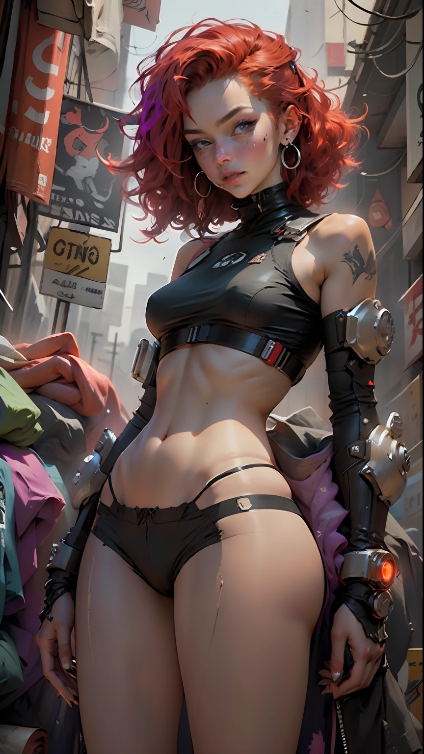 cyberpunk Woman redhead hair with curls and short body defined thick thighs cybernetics body parts , short underwear
