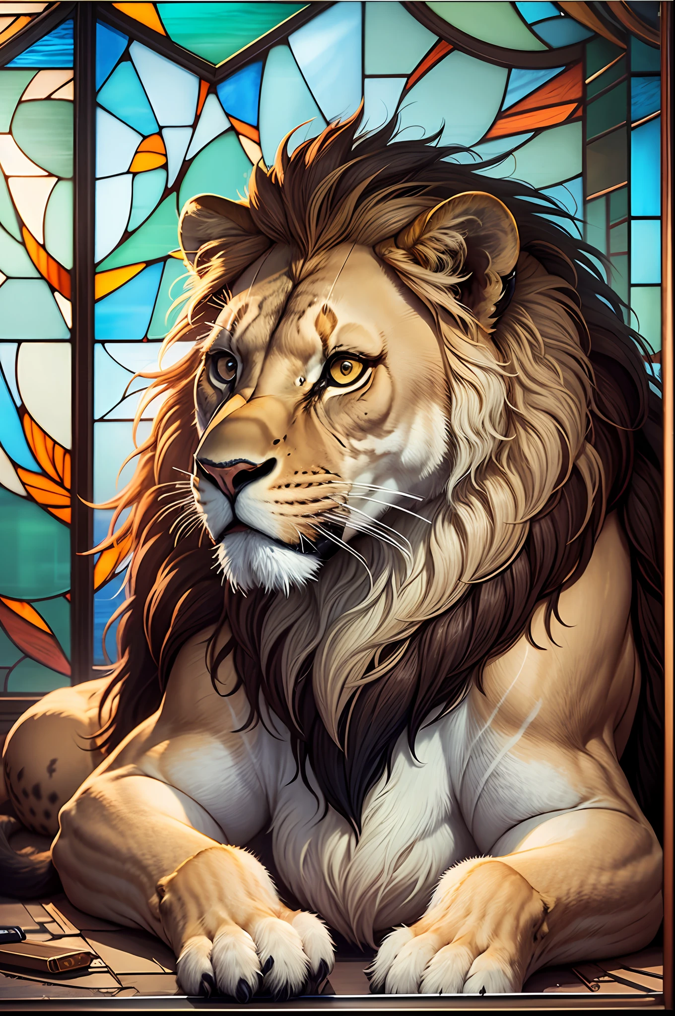 a lion, a lioness and a lion cub, stainned glass --auto --s2