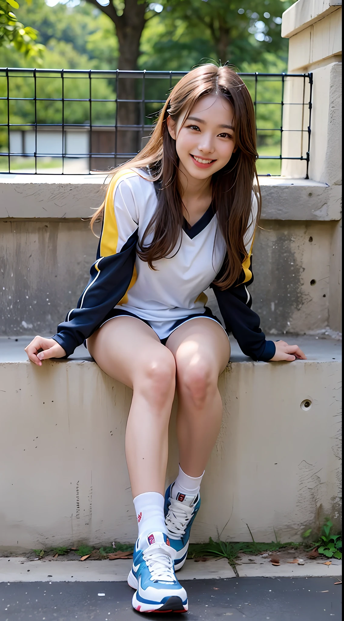 Beautiful female、sport clothing、Constriction、muscles、Silver Long Hair、smilling face、dual、Natural lighting、sport clothing、sneakers、socks、Beautiful female、One person、smilling face、forehead、Red cheeks、trance