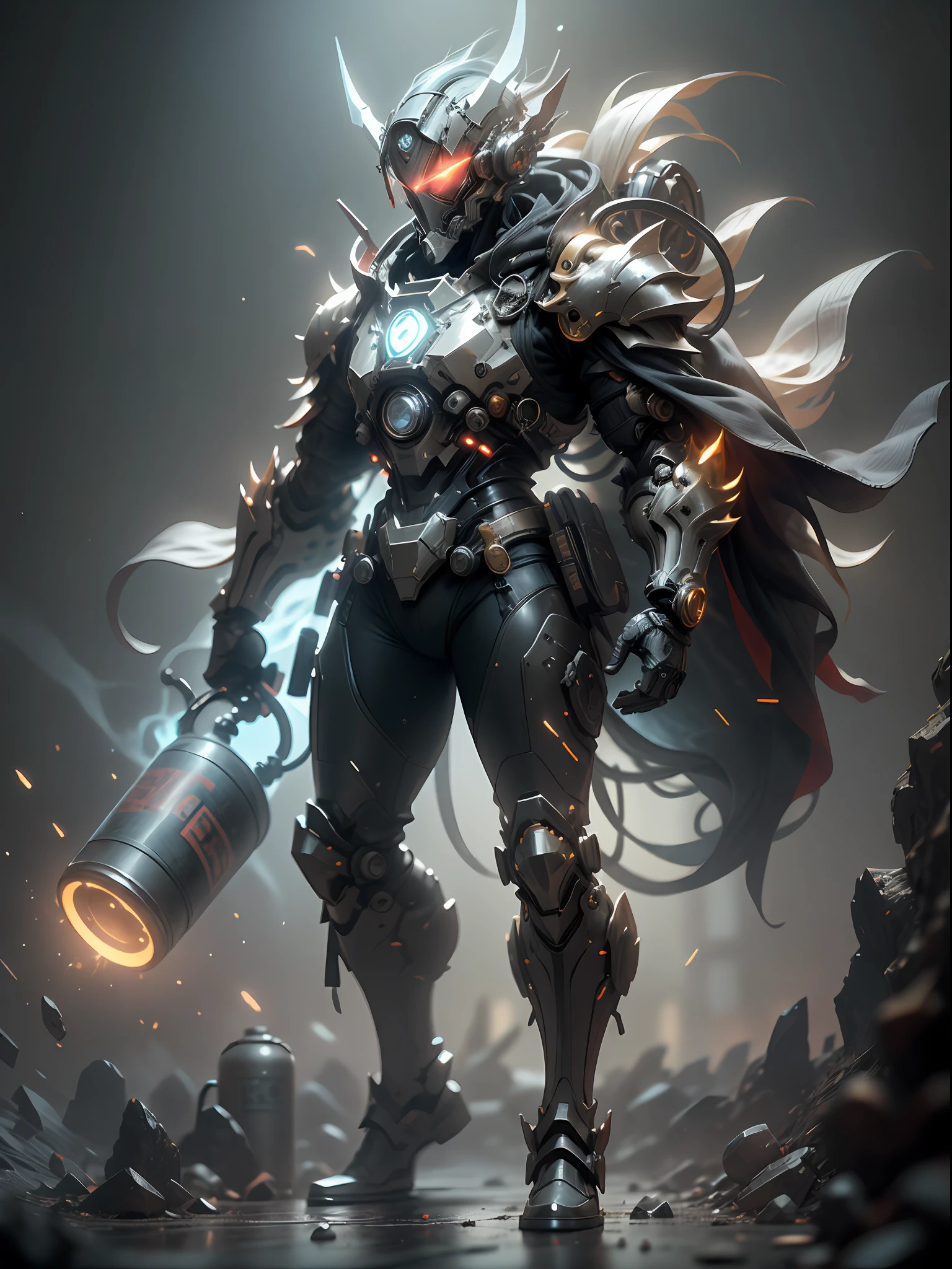 Red Alchemist Ghost Warlock，Super cool ghost warlock，Carrying a gas cylinder on his back，Warlock，Poison gas surrounds，Gas cylinders，Wearing red mechanical armor，Red gambling surrounds，Tall figure，Coming with great momentum，Positive perspective，Perfect body proportion，Tall figure，Very tall，Full body photo，super-detail，Look up at the perspective，IP by pop mart，rim light ，avatar，Octane rating rendering，mixer，all body，Clean black background，3D，C4D，best quaity，RAWExtremely detailed，Ancient technology， hdr（High dynamic range）， ray trace， NVIDIA RTX， Super-Resolution， Unreal 5， sub-surface Scattering， PBR textures， Post-processing， Anisotropic filtering， Depth of field， Maximum clarity and sharpness， Multi-layer textures， Albedo and highlight maps， Surface coloring，Accurately simulate light-material interactions，perfect ratio，Octane rating rendering，two tone lighting，Low ISO，White balance，trichotomy，Wide aperture，8K RAW，Efficient sub-pixel，Subpixel convolution，Glowing particles，Light scattering，Tyndall effect