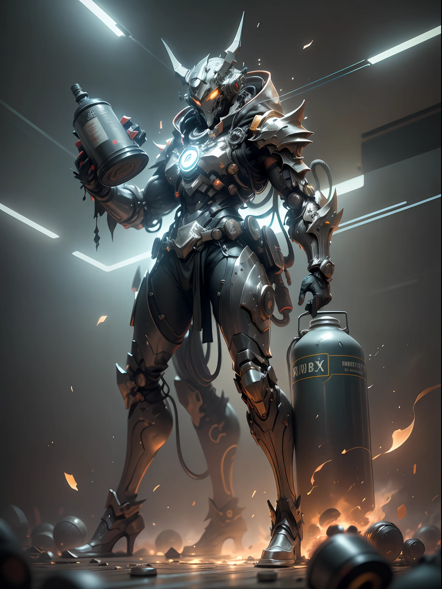 Red Alchemist Ghost Warlock，Super cool ghost warlock，Carrying a gas cylinder on his back，Warlock，Poison gas surrounds，Gas cylinders，Wearing red mechanical armor，Red gambling surrounds，Tall figure，Coming with great momentum，Positive perspective，Perfect body proportion，Tall figure，Very tall，Full body photo，super-detail，Look up at the perspective，IP by pop mart，rim light ，avatar，Octane rating rendering，mixer，all body，Clean black background，3D，C4D，best quaity，RAWExtremely detailed，Ancient technology， hdr（High dynamic range）， ray trace， NVIDIA RTX， Super-Resolution， Unreal 5， sub-surface Scattering， PBR textures， Post-processing， Anisotropic filtering， Depth of field， Maximum clarity and sharpness， Multi-layer textures， Albedo and highlight maps， Surface coloring，Accurately simulate light-material interactions，perfect ratio，Octane rating rendering，two tone lighting，Low ISO，White balance，trichotomy，Wide aperture，8K RAW，Efficient sub-pixel，Subpixel convolution，Glowing particles，Light scattering，Tyndall effect