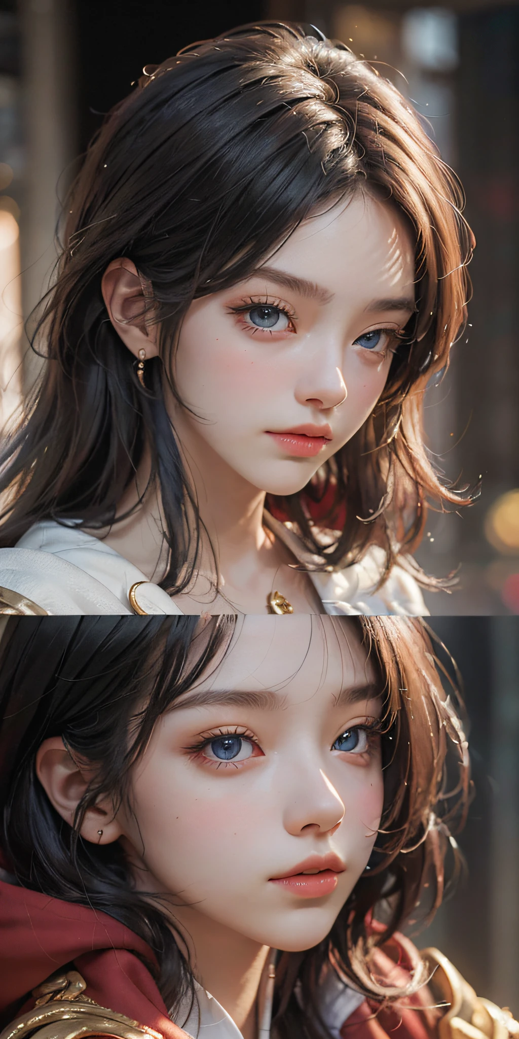 (masterpiece: 1.2, best quality), realistic, (real picture, complex details, depth of field), best quality, masterpiece, high detail, semi-realistic, 1 girl, adult woman, 21 years old, with short golden hair, eyes covered with hair on the left, blue eyes, royal clothes, red cloak, slim figure