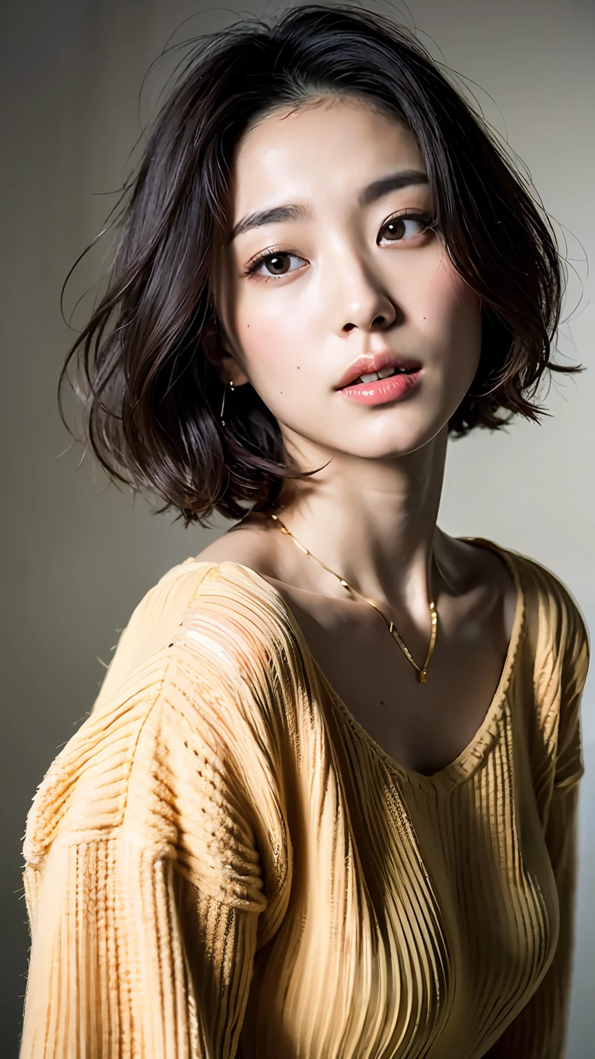 (Best quality, 8k, 32k, Masterpiece, UHD:1.2),Photo of Pretty Japanese woman, large breasts, very short bob hair,upper body,face focus,oversized_sweater, necklace, simple background, from above, looking at viewer,