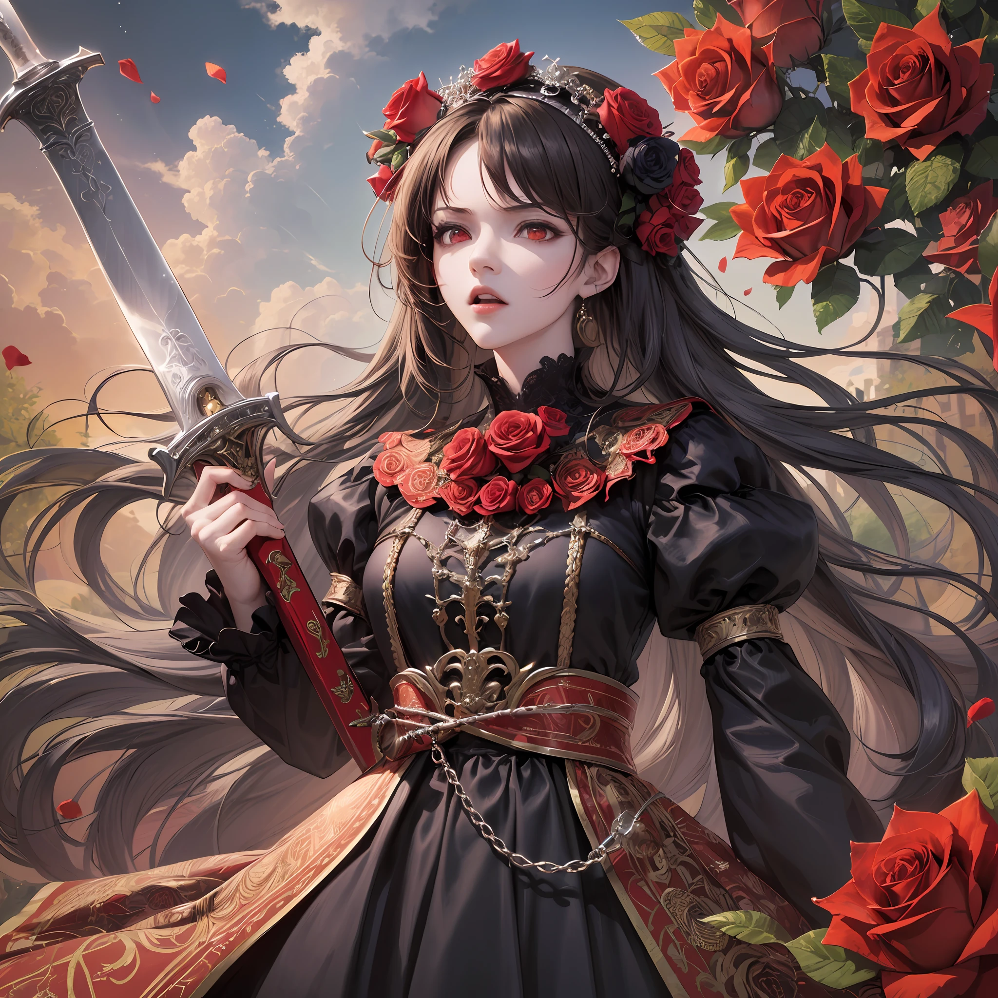 (masterpiece), (girl, full body, holding sword, red medieval sword), (black dress, ornate red, red flower patterned, translucent), (red eyes, angry), (scenery, roses, rose field, roses ornaments, stary night, night sky, clouds, flying roses), (blur, depth of field) --auto --s2
