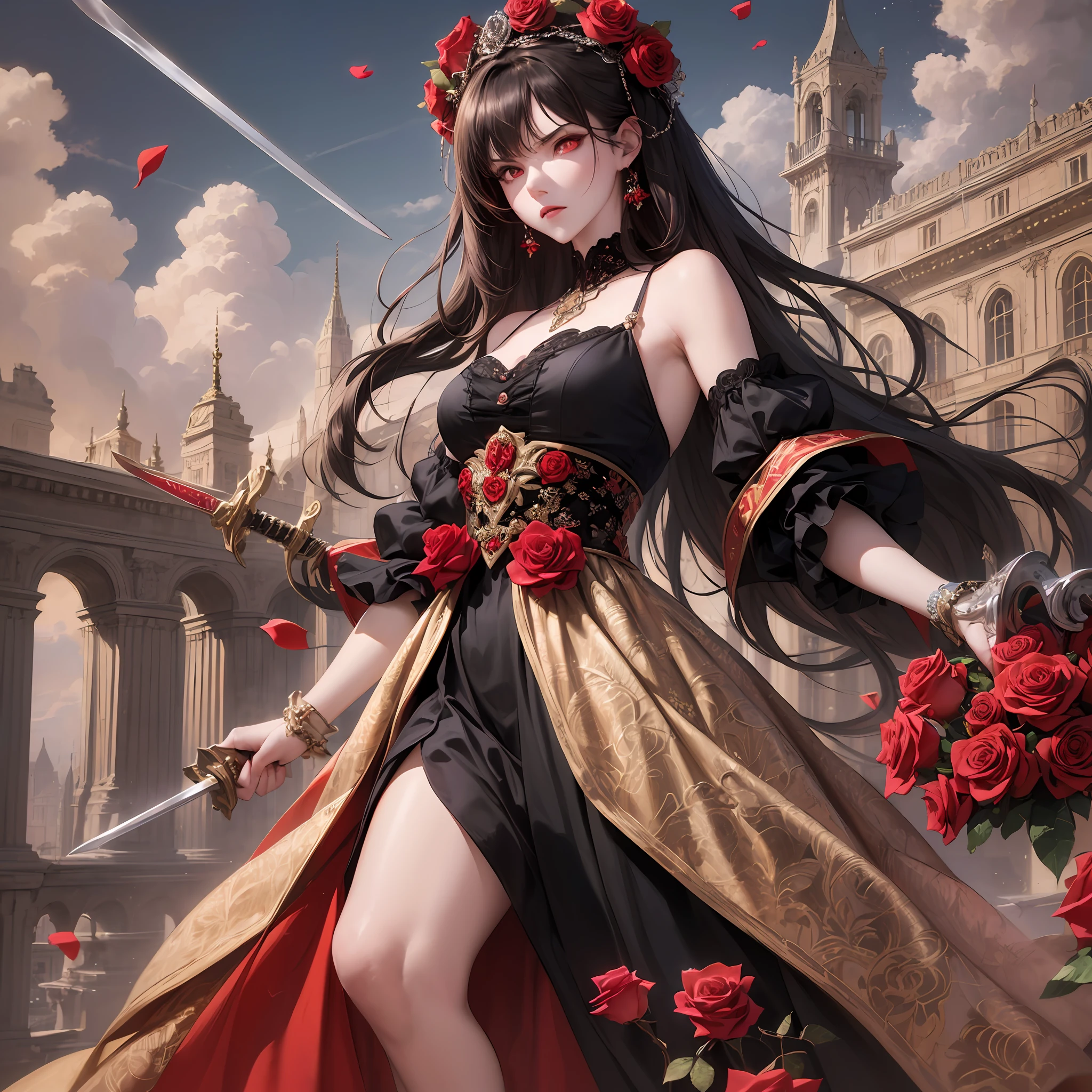 (masterpiece), (girl, full body, holding sword, red medieval sword), (black dress, ornate red, red flower patterned, translucent), (red eyes, angry), (scenery, roses, rose field, roses ornaments, stary night, night sky, clouds, flying roses), (blur, depth of field) --auto --s2