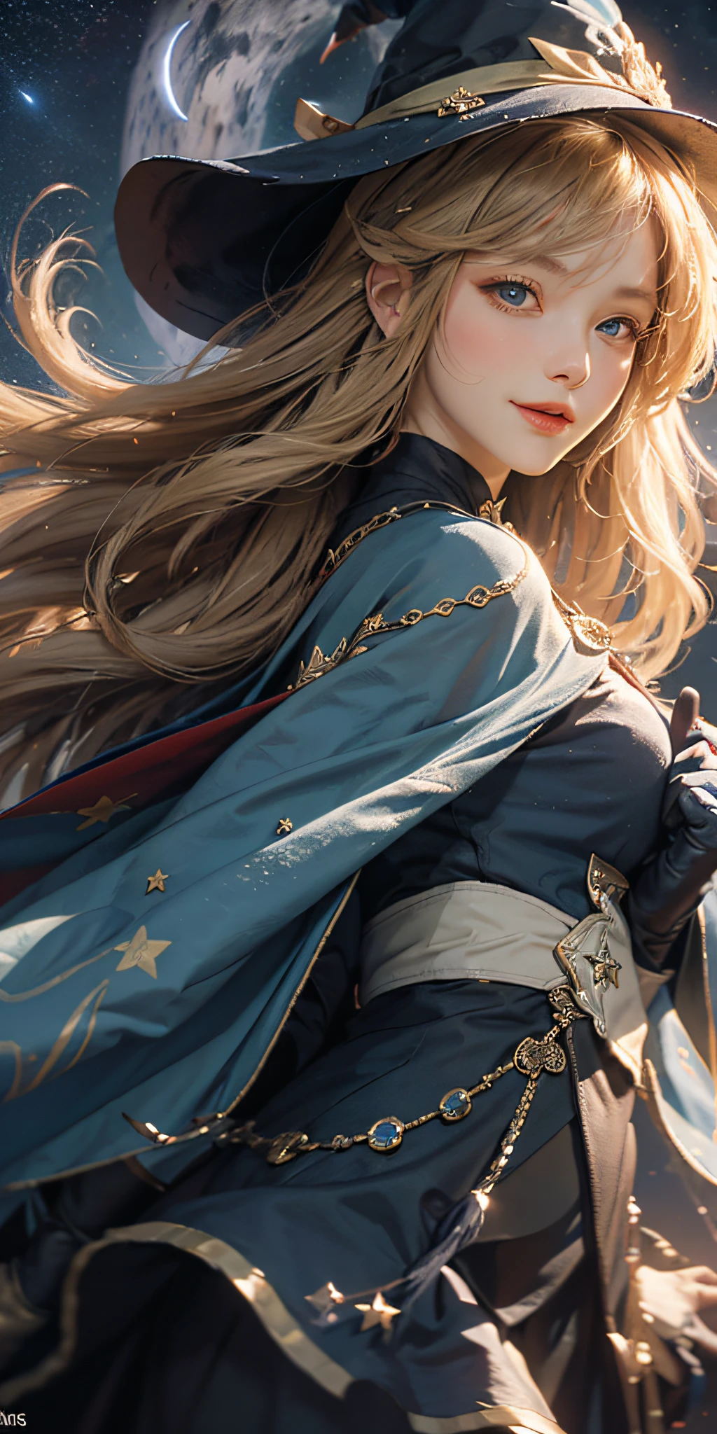 ((masterpiece:1.2, best quality)), 1girl, solo, (witch hat), blonde, long hair, skirt, aurora, night, stars (sky), gloves, sky, white skirt, night sky, mouth open, starry sky, blue Eyes, Ribbons, Long Hair, Red Dress, Smile, Headband, Cape, Blue Hair, (Bird), Magic, Spellcasting, Dark Clouds, Night, (Impressionism: 1.4), (Tarot: 1.3), Alphonse Mucha,