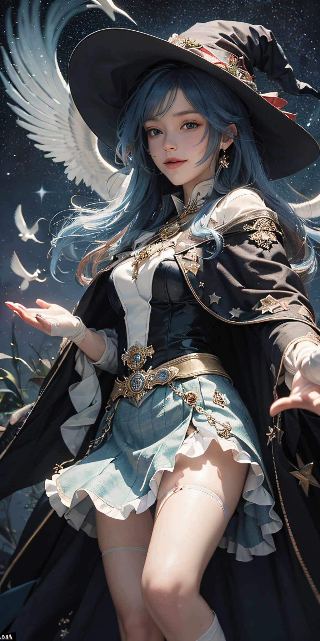 ((masterpiece:1.2, best quality)), 1girl, solo, (witch hat), blonde, long hair, skirt, aurora, night, stars (sky), gloves, sky, white skirt, night sky, mouth open, starry sky, blue Eyes, Ribbons, Long Hair, Red Dress, Smile, Headband, Cape, Blue Hair, (Bird), Magic, Spellcasting, Dark Clouds, Night, (Impressionism: 1.4), (Tarot: 1.3), Alphonse Mucha,