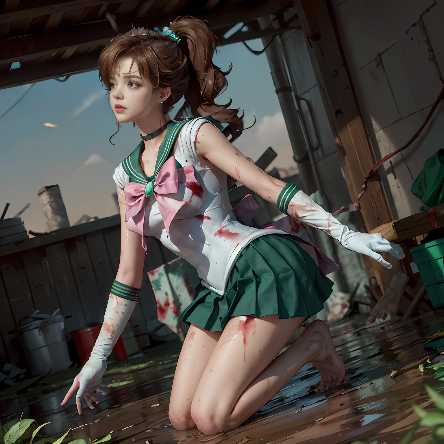 (Masterpiece), (RAW photo, best quality), Ultra High Definition, Professional Artwork, Ultra Detailed, Complex, Detailed Face, Perfect Lighting, (1 Girl, Solo: 1.2), Chest, Gloves, Lips, Solo, (Sailor Moon: 2.1) ((Makoto Kino / Sailor Crystal, Sailor Jupiter), SM Uniform, Tiara, Sailor Senshi Uniform, Absurd, Sexy, SM Jupiter, SM Jupiter Costume, Green Sailor Color, Sailor Senshi Uniform, Ponytail, Choker, White Gloves, Green Choker, Elbow Gloves, Jewelry, Earrings, Brown Hair, Pleated Skirt, Green Skirt, (Barefoot: 1.1), Pink Bow, Full Body, (Perfect Hands): 3.8, (perfect_anatomy:1.2), Octane Rendering, (Crying, Weak and tired eyes, tears: 1.2), (bruises and blood stains on the face and body, blood flowing from the head and face, injuries and injuries to the body, wounds and cuts, bleeding lips: 1.3), (torn clothes, tattered clothes: 1.5), blood stains on clothes, (kneeling weakly: 1.2), (in an abandoned factory), disheveled hair, tired and weak face, (perfect body, perfect, perfect thighs), wet body, sweaty body, ((muddy feet, muddy skin, Bloody skin: 1.3)), (film lighting), soft lighting, complex and cinematic appearance, cinematic lighting, dynamic angles