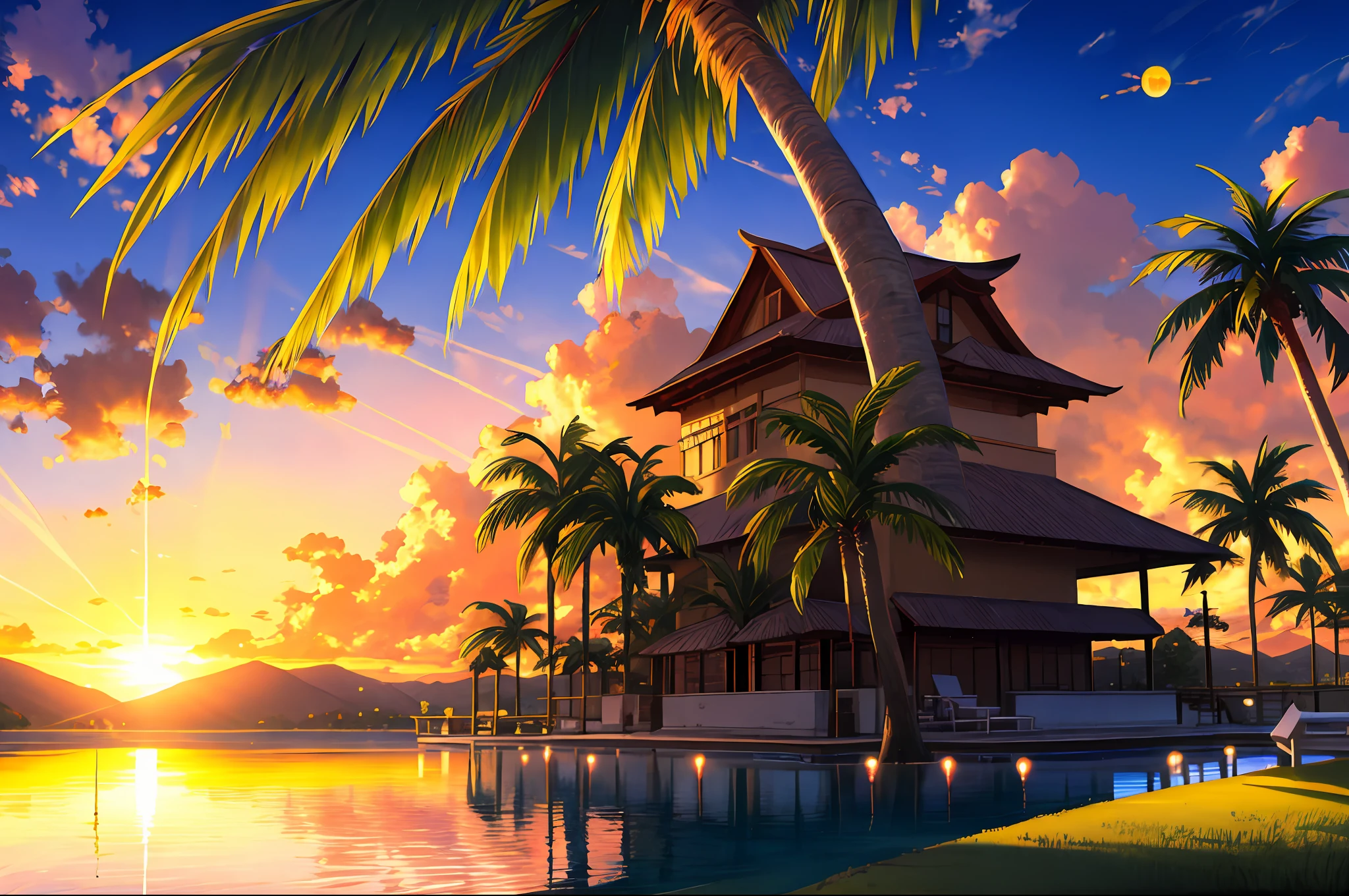 nature, outdoors, no humans, lake, palm tree, cloud, bug, butterfly, evening, water, sun, sky, tropical, sunset, tree, scenery,