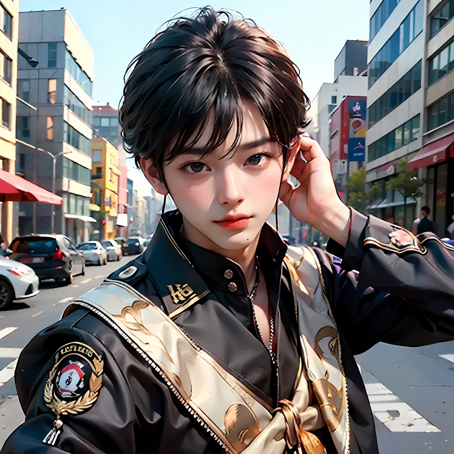 (Best quality),(HD 8K),(Realistic),A handsome boy,((Wearing bachelor's uniform)),Keep your head down,((camera)),(Jeizuo)
