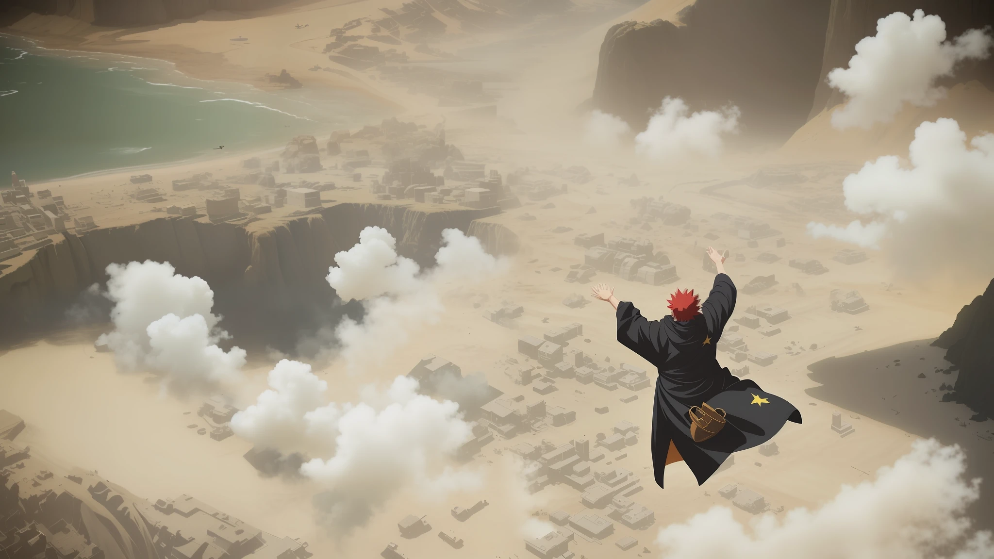 There's a man flying through the air, CGI Filme Stills, Tiro VFX, sobrevoando uma cidade densa, vila de konoha. Efeitos visuais impressionantes, epic vfx shot, vfx action shot, VFX surreal altamente detalhado, VFX altamente detalhado, Octane render. Por Makoto Shinkai, vfx render, cena vfx altamente detalhada, Naruto (obra prima:1.2),(ARTE CGI:1.3), (Post Processing:1.3),(Crisp Focus:1.3), fiction ,8K A CGI version. Character Pain flying over the village of konoha with open arms. Cabelos ruivo laranja. Obra de arte, .CGI Perfeito | | | | | | | |. Imagem pelas costas do personagem, roupa preta com nuvens vermelhas desenhadas na roupa