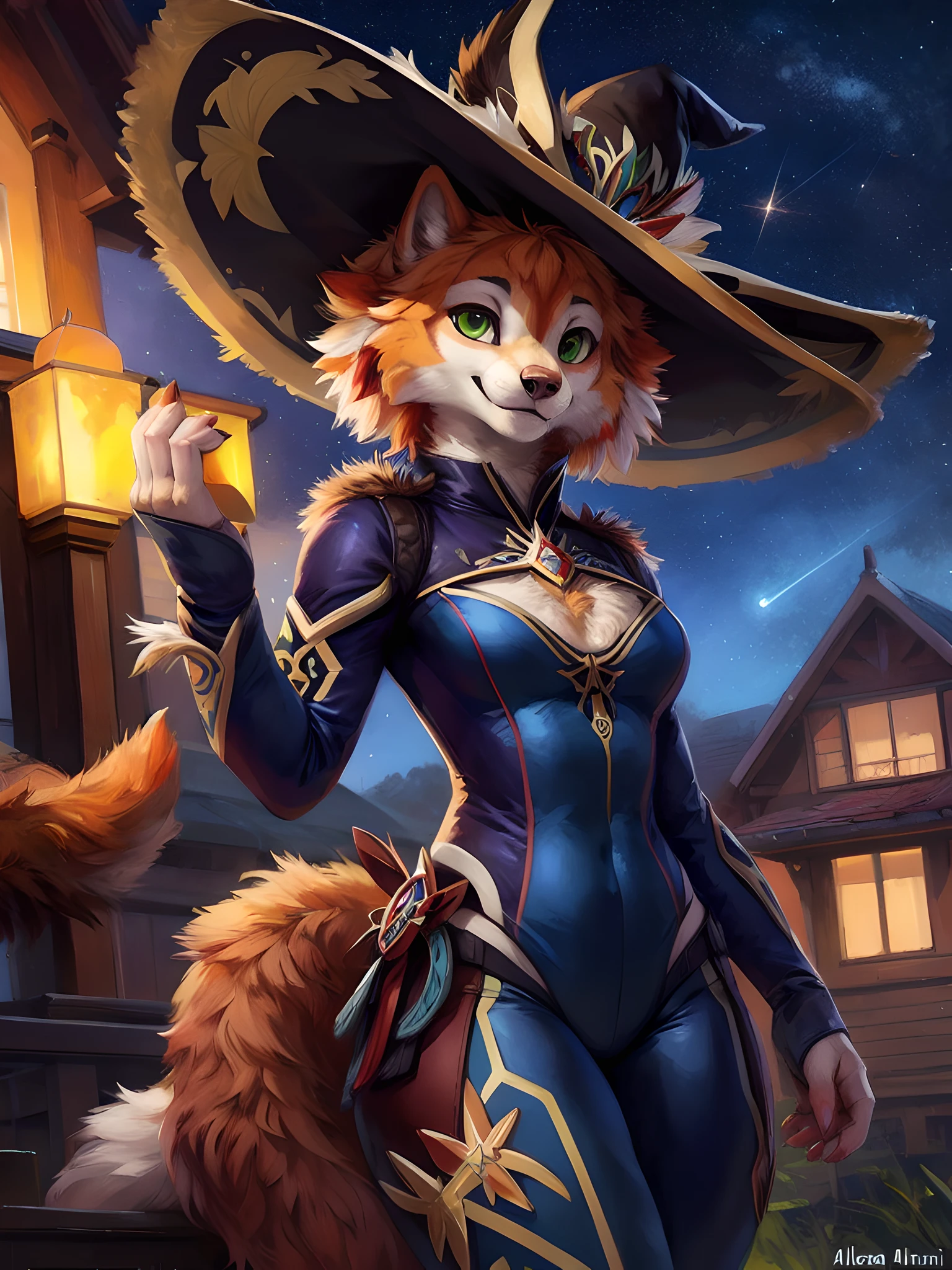 ((thick body)), 1girl, mature, realistic, wolf, light orange and white fur, green eyes, orange short hair, looking at viewer, smiling, BREAK, ((black celestial witch bodysuit)), celestial witch hat, stars, constellation, BREAK, ((genshin impact mona inspired)), BREAK, (masterpiece, majestic, realism, detailed fur, best quality, ultra realistic, 4k, 2k, (intricate, high detail:0.8), uploaded on e621 , by Alena Aenami, by Kenket , by Pino Daeni , by Ruan Jia , by Ross Tran , by Michael & Inessa Garmash , by Bypbap), BREAK, standing, full body shot, half body