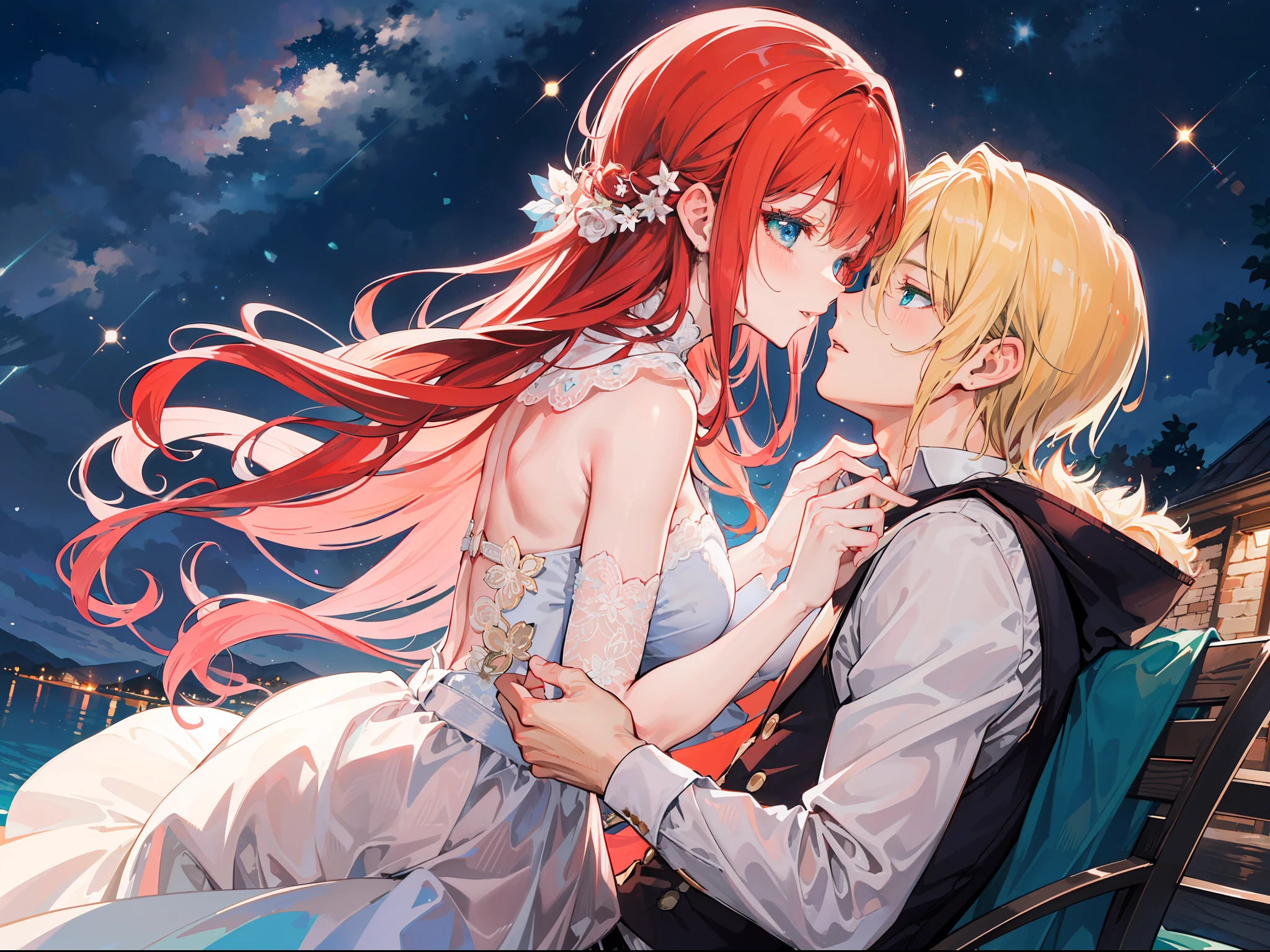 "Generate a mature couple passionately kissing under a starry night sky, showcasing romance with gorgeous lighting. The woman has flowing red hair and captivating blue eyes, while the man has charming blonde hair and enchanting green eyes."