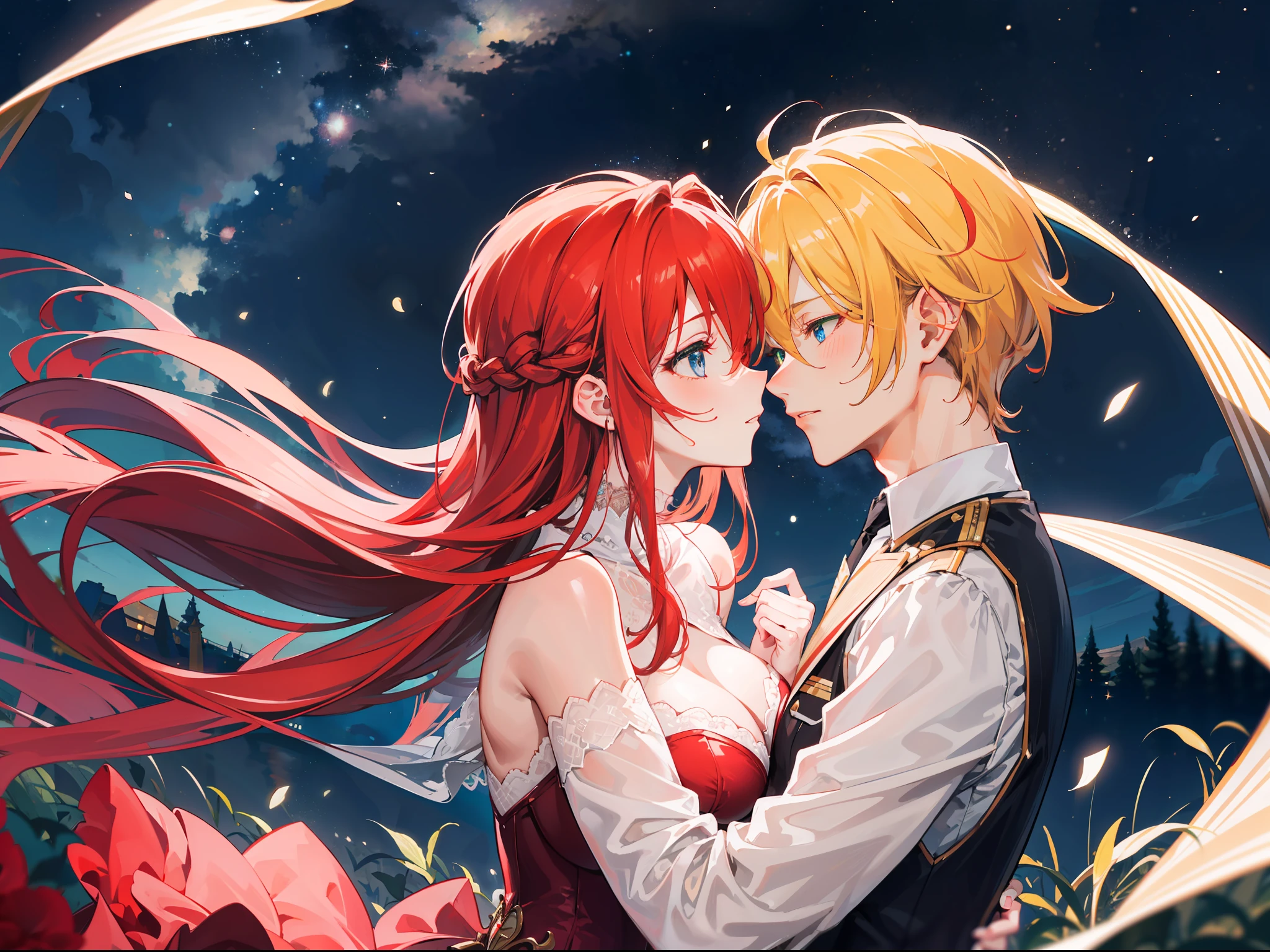 "Generate a mature couple passionately kissing under a starry night sky, showcasing romance with gorgeous lighting. The woman has flowing red hair and captivating blue eyes, while the man has charming blonde hair and enchanting green eyes."