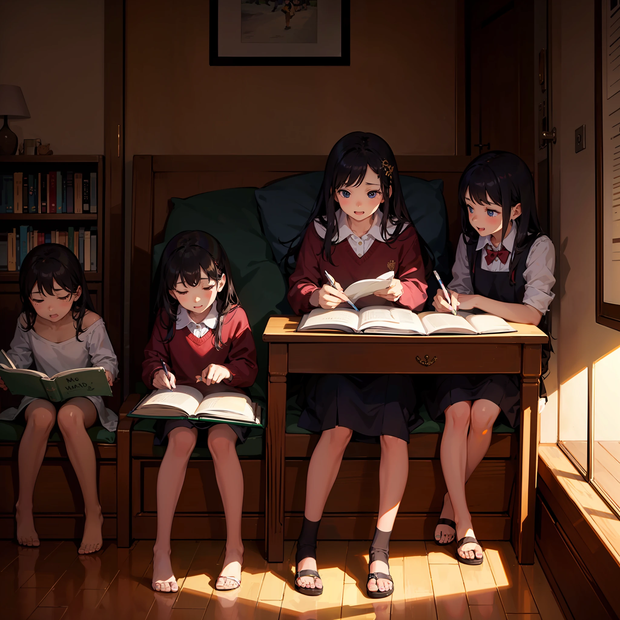 Imagine 5 children all with books studying happily --auto