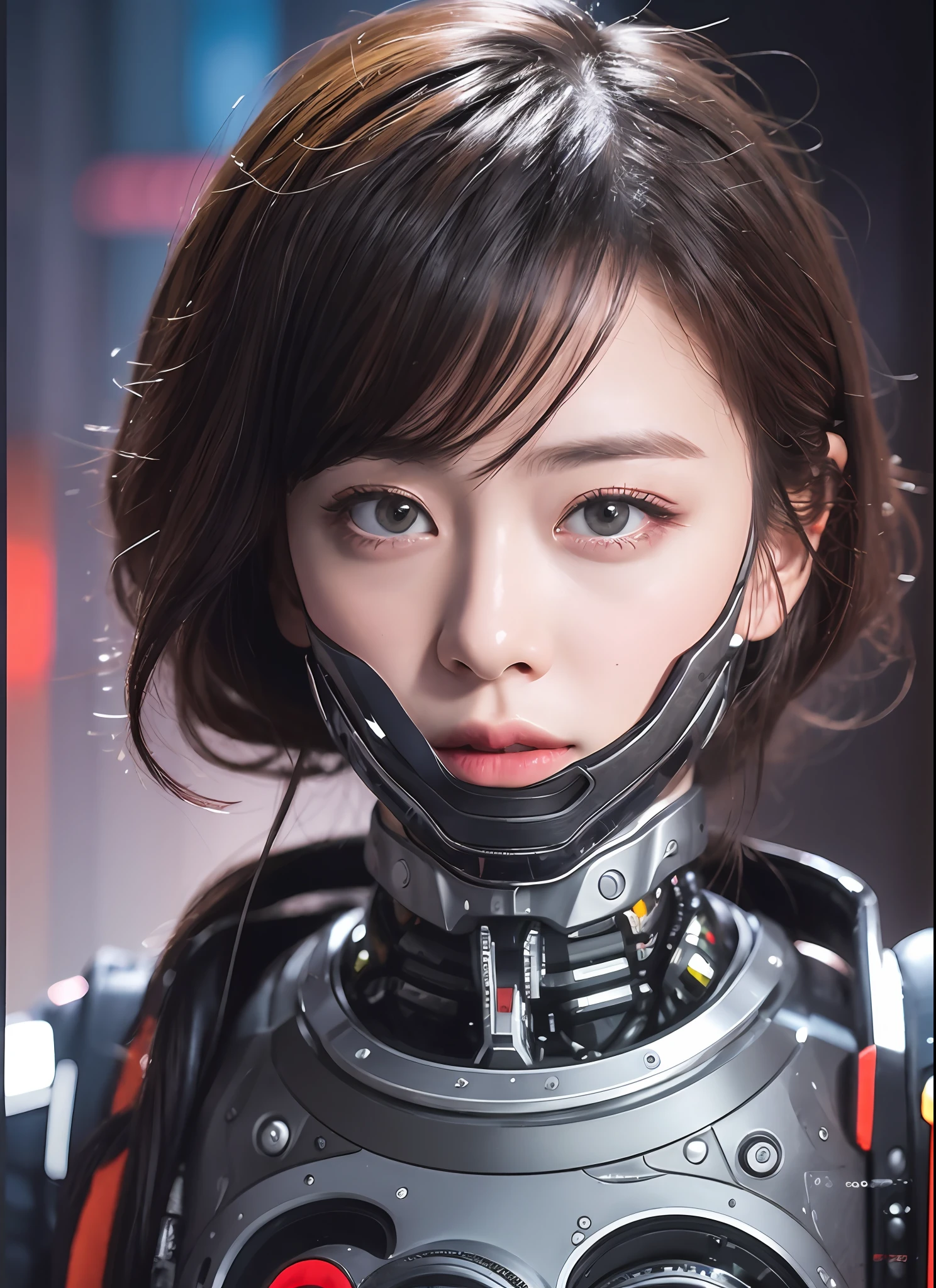 Best image quality、8K,nefarious photography, Upper body portrait、Beautiful robot in cyber clothes、Mechanic body、cyberpunk warzone, vermillion anachronism, futuristic fragmentation, Layered Composition, cyberpunk futurism, cinematic still, shot on film, Shot with camera - met the requirements for best image quality、Generates dynamic images。--ar 3:2 - S 600、Zoom out x 1.5