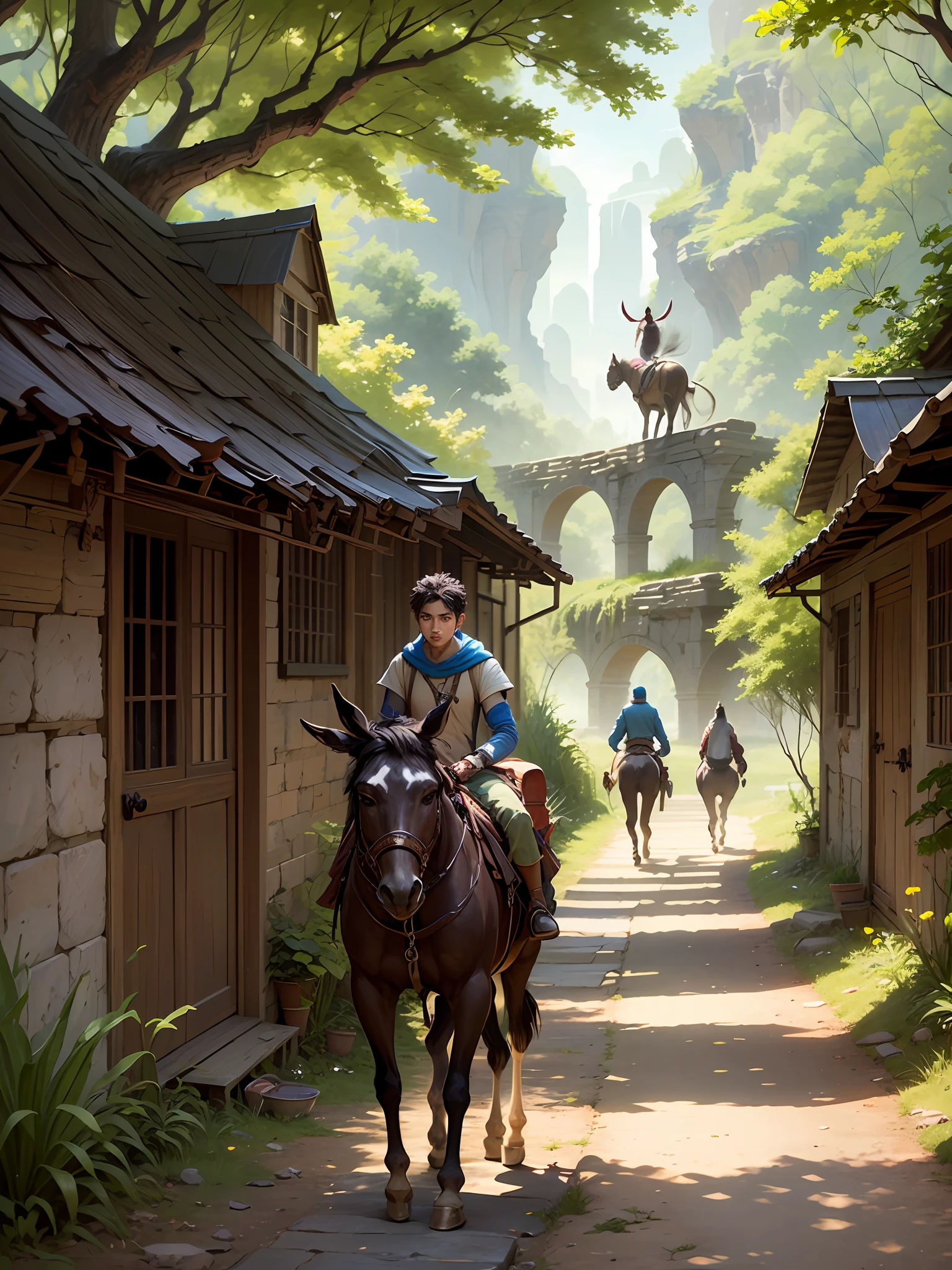 a american tribe teenage village boy and donkey going for quest, in style fantasy --auto --s2