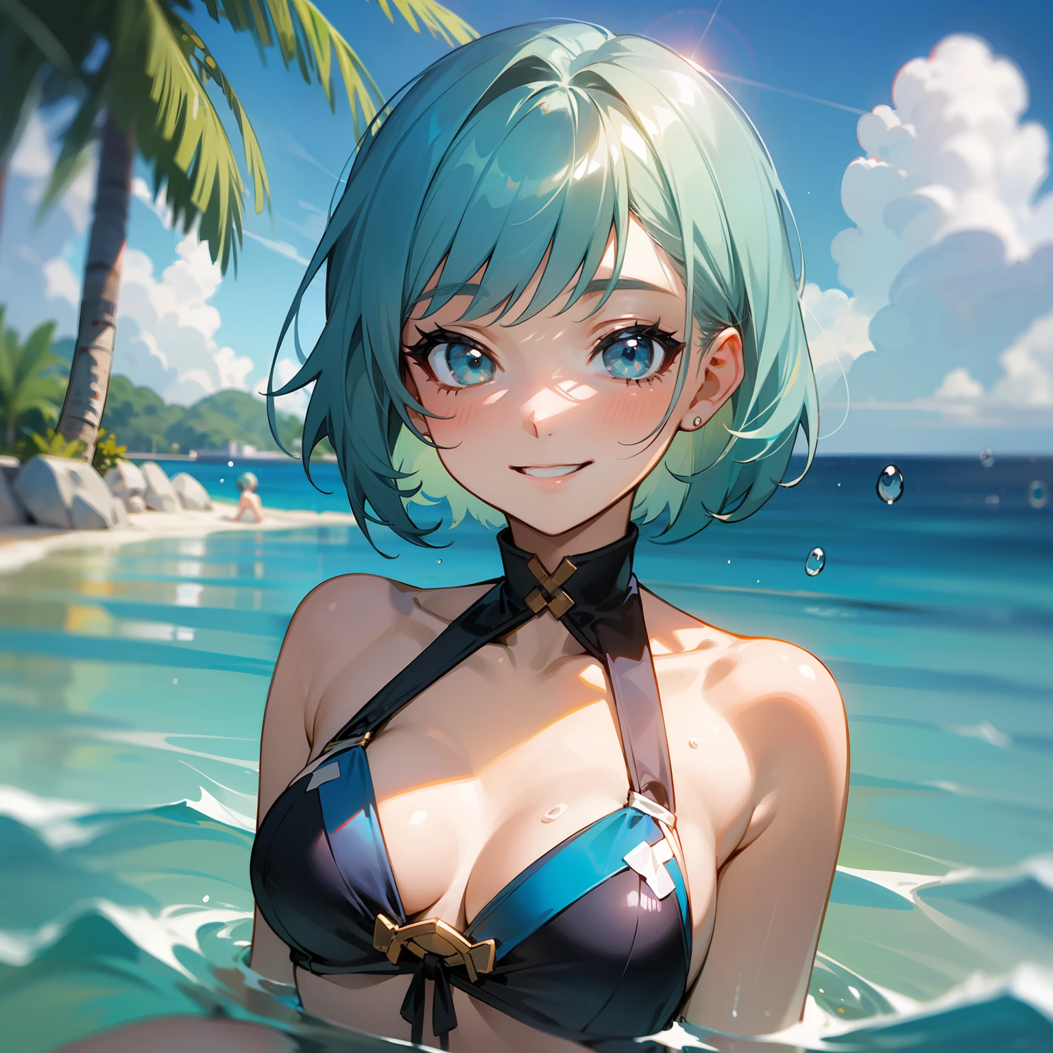 （（（A Masterpiece））、sthe highest qualit、Highly elaborate CG Unity 8k、Woman in swimsuit、Light blue shorthair、A mischievous smile、sun、splashes、sea、bikini