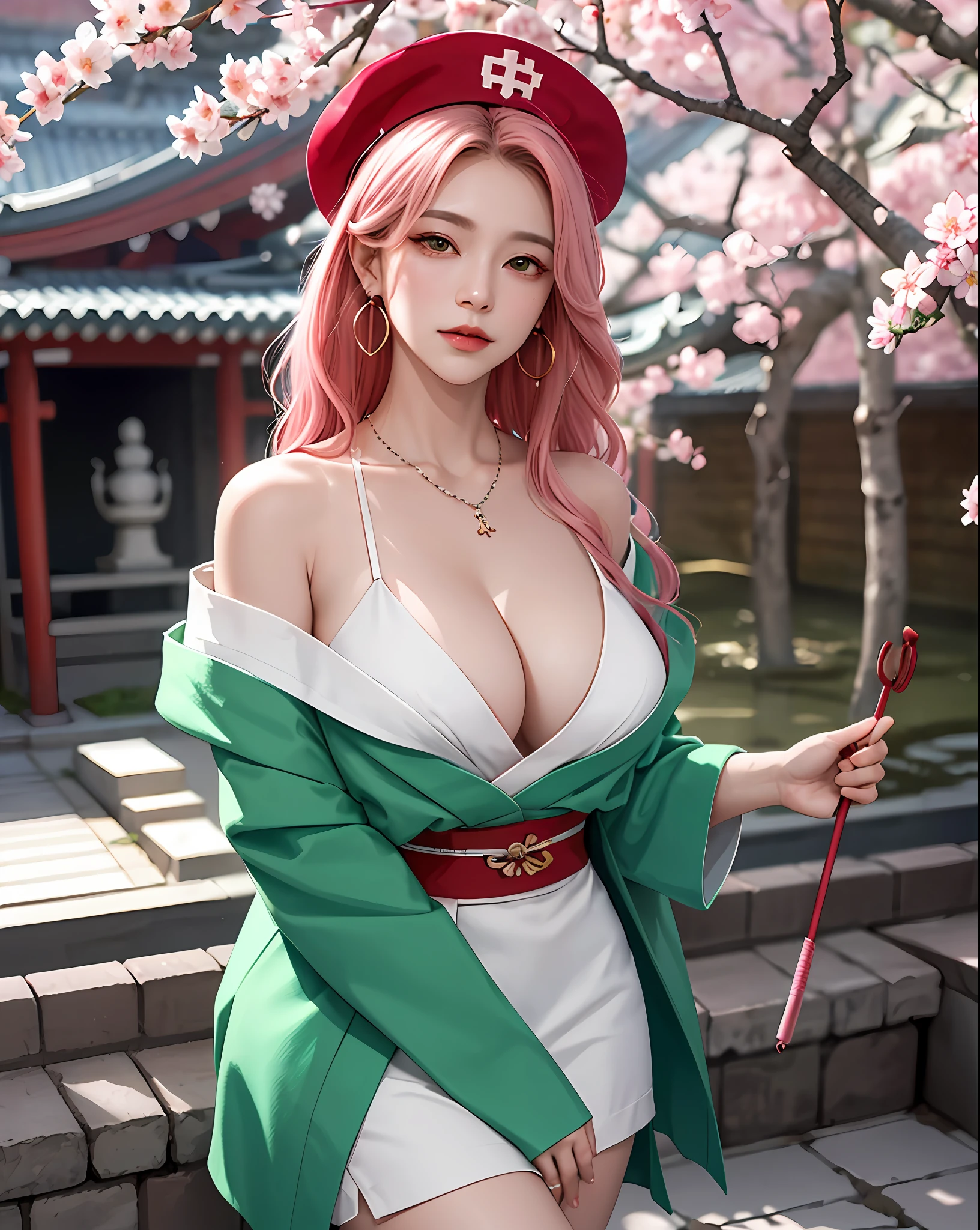 （Jeizuo，Need，1girle，solo，The details are complex，chromatic aberration），Realistic，（（Medium breath）），Off-the-Shoulder，Nipples，Big big tits，erogenous，Yae Miko，Long pink hair，red headwear，Red highlight，Hair above one eye，Green eyes，earings，Sharp eyes，Perfectly symmetrical figure，Necklaces，Neon shirt，Open jacket，Nurse's uniform，lean the wall，Brick wall，doodle，Dim lighting，alley，looking at the viewer，（（Mean streak，seductive，Charming）），（（（Cherry blossom background))),(((Japanese temple background))), (((Luminous background)))