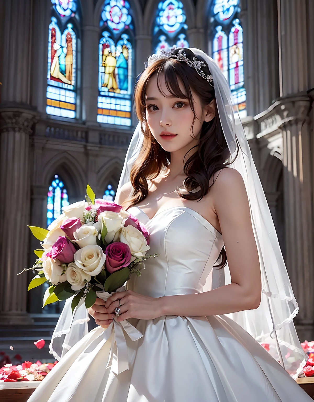 A maiden holding a bouquet: 1.2), Lori, wearing a wedding dress, dress translucent, bride, (finger diamond ring: 1.2), (wedding dress: 1.1), finger cheeks, eyes glowing eyes, Floating hair, holding bouquet, (Faint smile: 1.3), magical girl, (church), stained glass background, (rose petals), fantastical, looking at the audience, (Particle: 0.7), Side Light, (Tyndall Light), (masterpiece, flat colors, color: 1.0), (Best Quality: 1.2), (High Accuracy: 1.1), 8K resolution, rich detail, Perfect Light and Shadow, Clear background, Noise Reduction